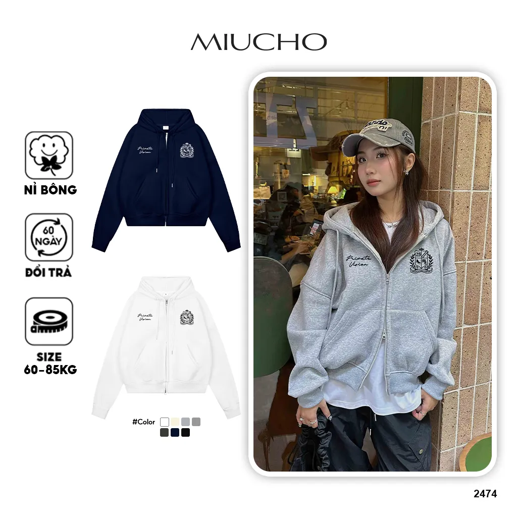 Áo hoodie zip form boxy phong cách vintage 2474 Miucho chất vải nỉ bông dày dặn cao cấp in mix_thumbnail_1