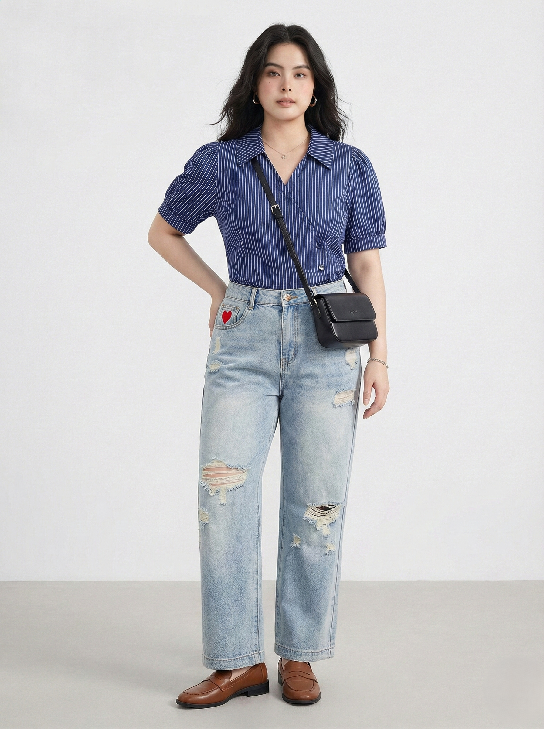 Quần jean ống suông rách thêu trái tim bigsize QJ384