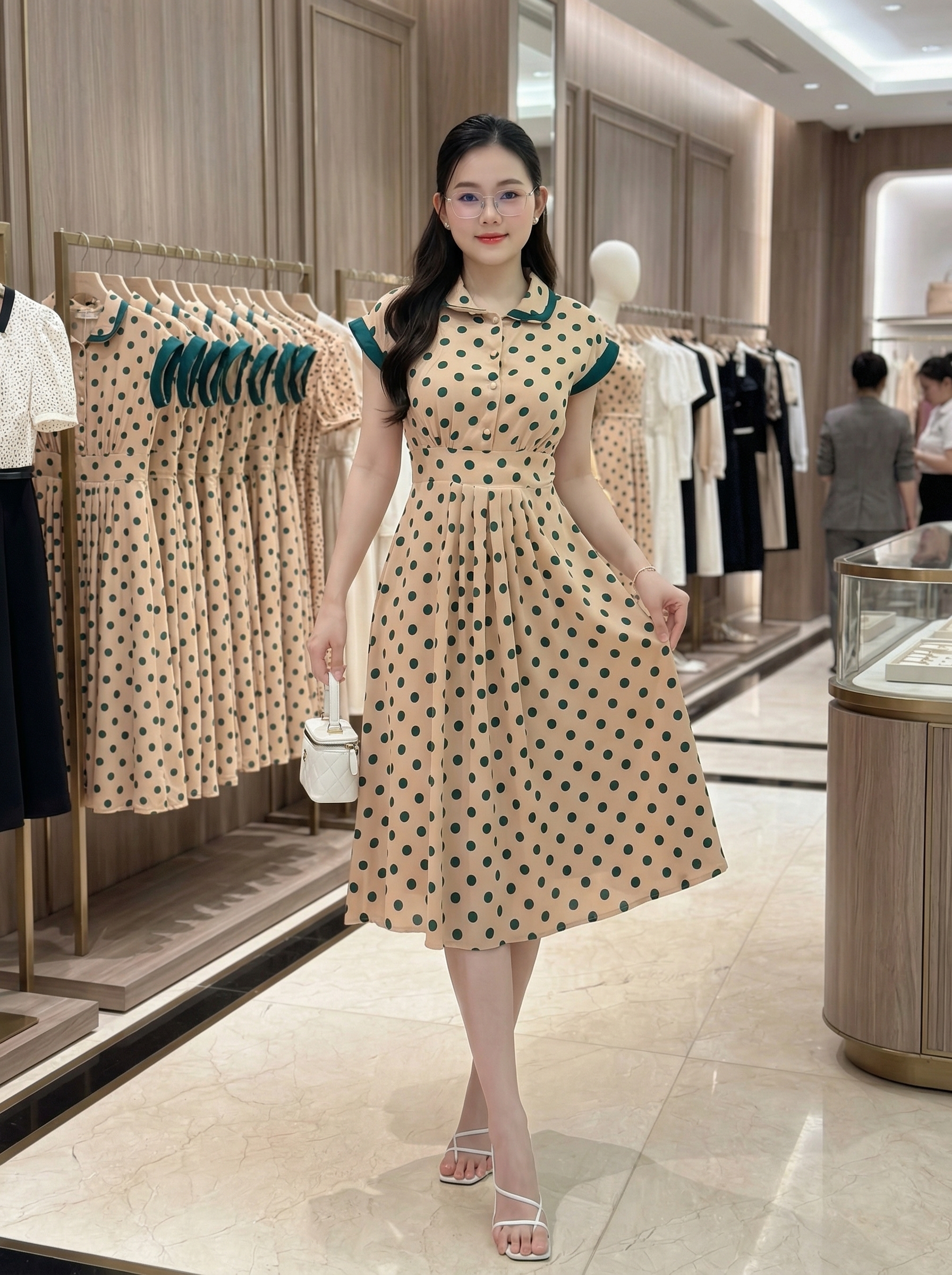 Đầm xòe họa tiết chấm bi cổ Peter cột nơ_thumbnail_8