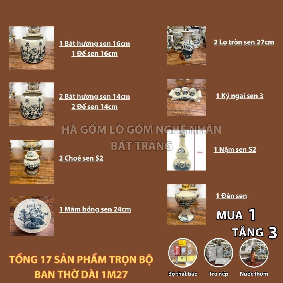 HG113 Đồ Thờ Cúng Bộ 17 món ban thờ 1M27 men rạn trơn nghệ nhân Bát Tràng chế tác TẶNG Thất Bảo, Tro Nếp_thumbnail_1