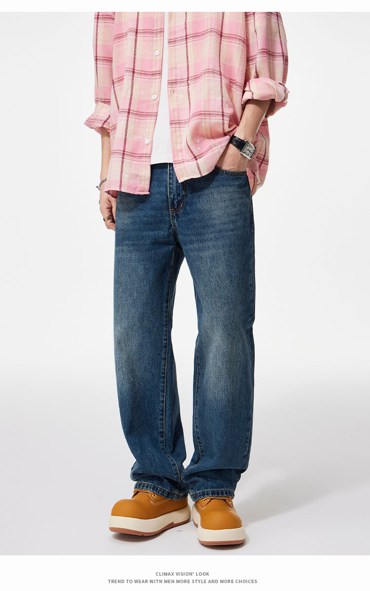 Clanfit Quần jeans nam màu xanh retro cổ điển mùa thu đông mới quần ống rộng ống rộng_thumbnail_3