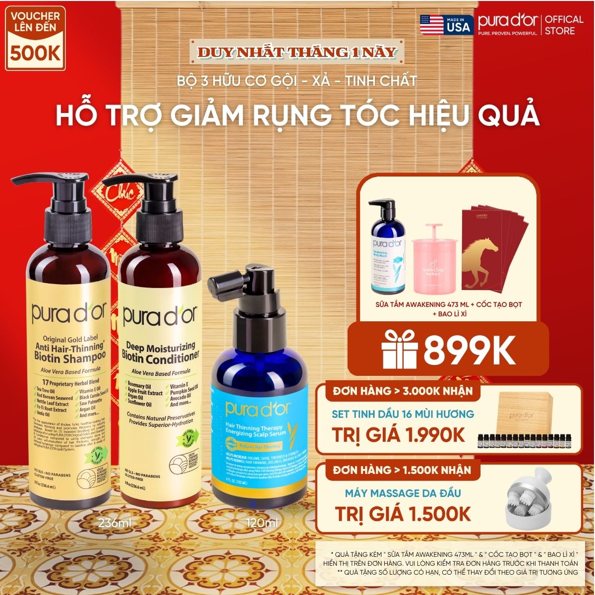 Combo 3 Bước Dầu Gội, Dầu Xả, Giảm Rụng Tóc Organic Pura D'or Biotin Gold Label 236ML | Chăm Sóc Tóc, Chăm Sóc Da Đầu, Dưỡng Tóc, Hỗ Trợ Mọc Tóc - Mega Livestream - Combo 3 bước 236ml