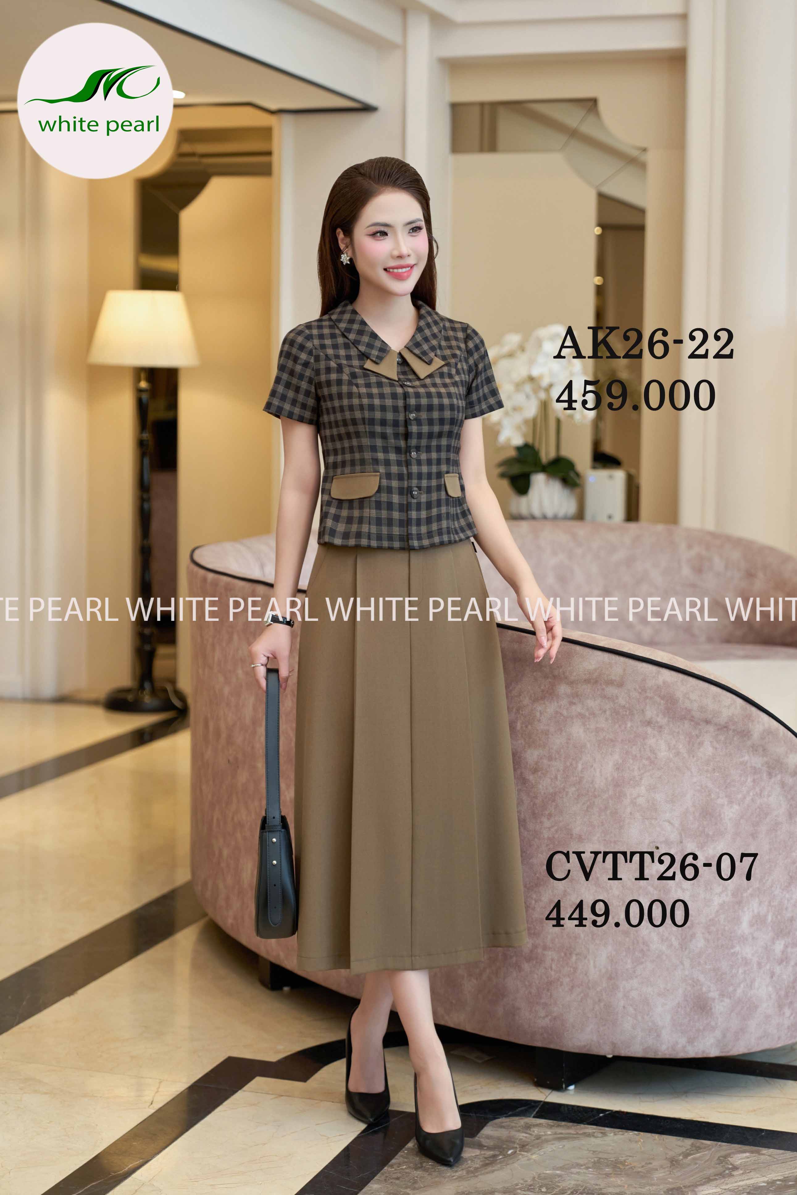 SET ký giả áo cổ sen vuông kết hợp chân váy thời trang công sở cao cấp White Pearl