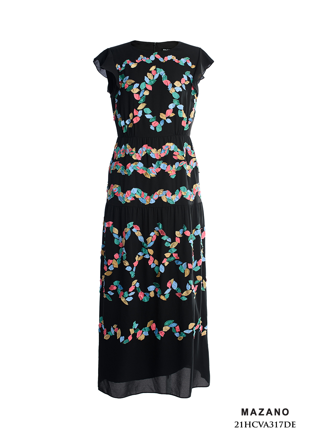 Váy Đầm suông Vải Voan Sạn Đính đắp họa tiết Cổ tròn Tay bèo ngắn Dài dưới bắp chân