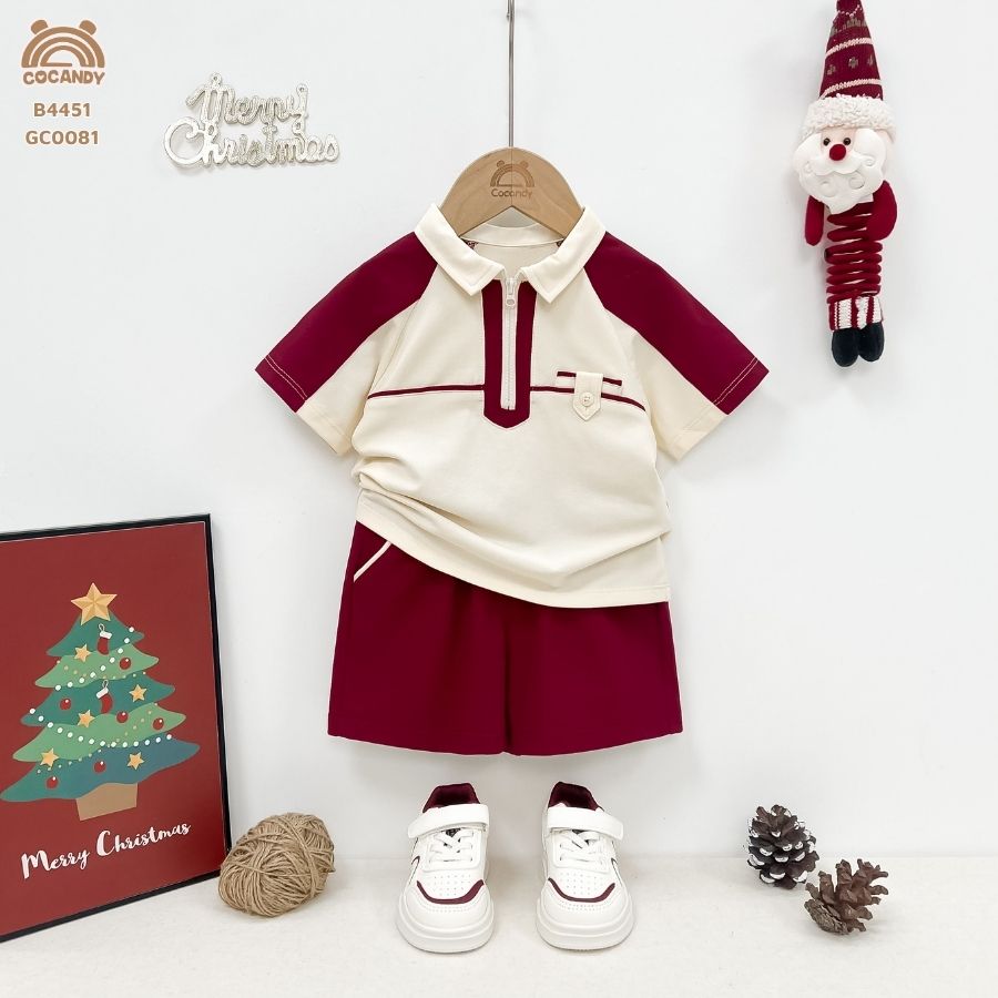 Bộ cộc BE phối đỏ polo cổ khóa