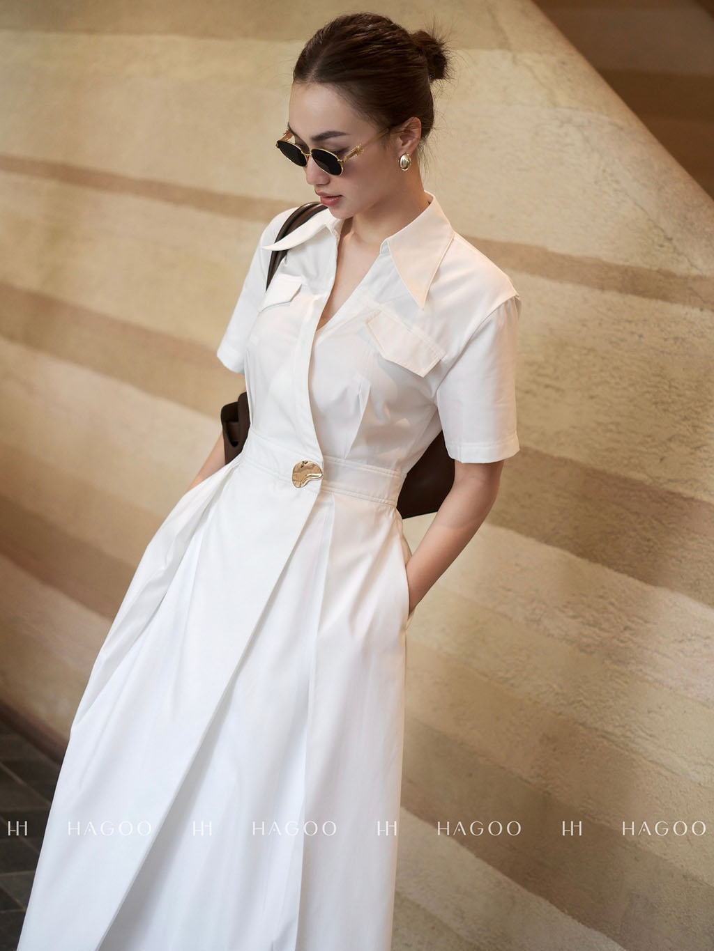 Váy sơ mi vạt chéo khuy trang trí HAGOO