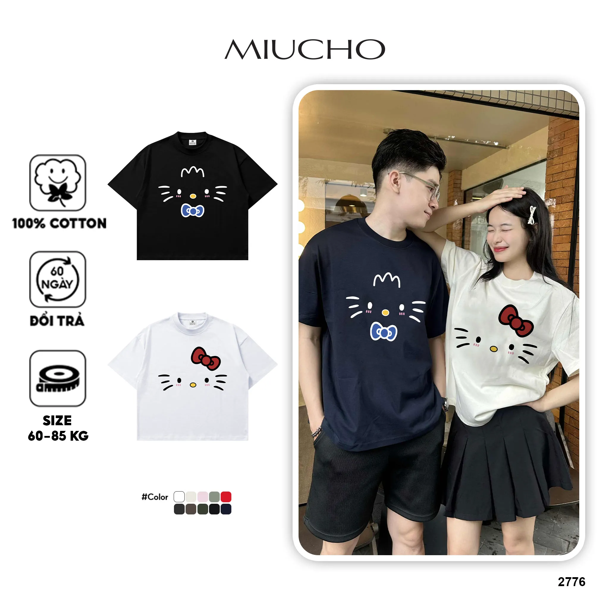 Áo thun couple form boxy Miucho vải cotton thoáng mát dày dặn hình Hello Kitty 2777