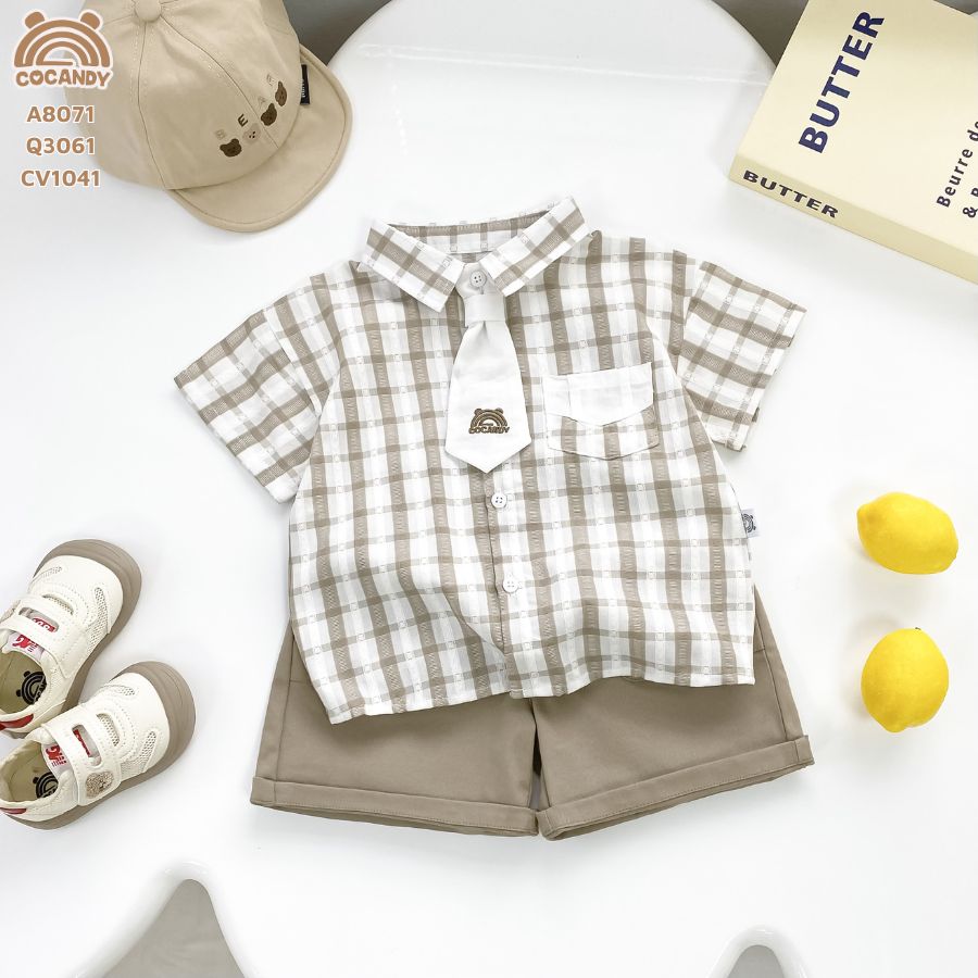 Áo cộc sơ mi caro NÂU phối túi ngực trắng