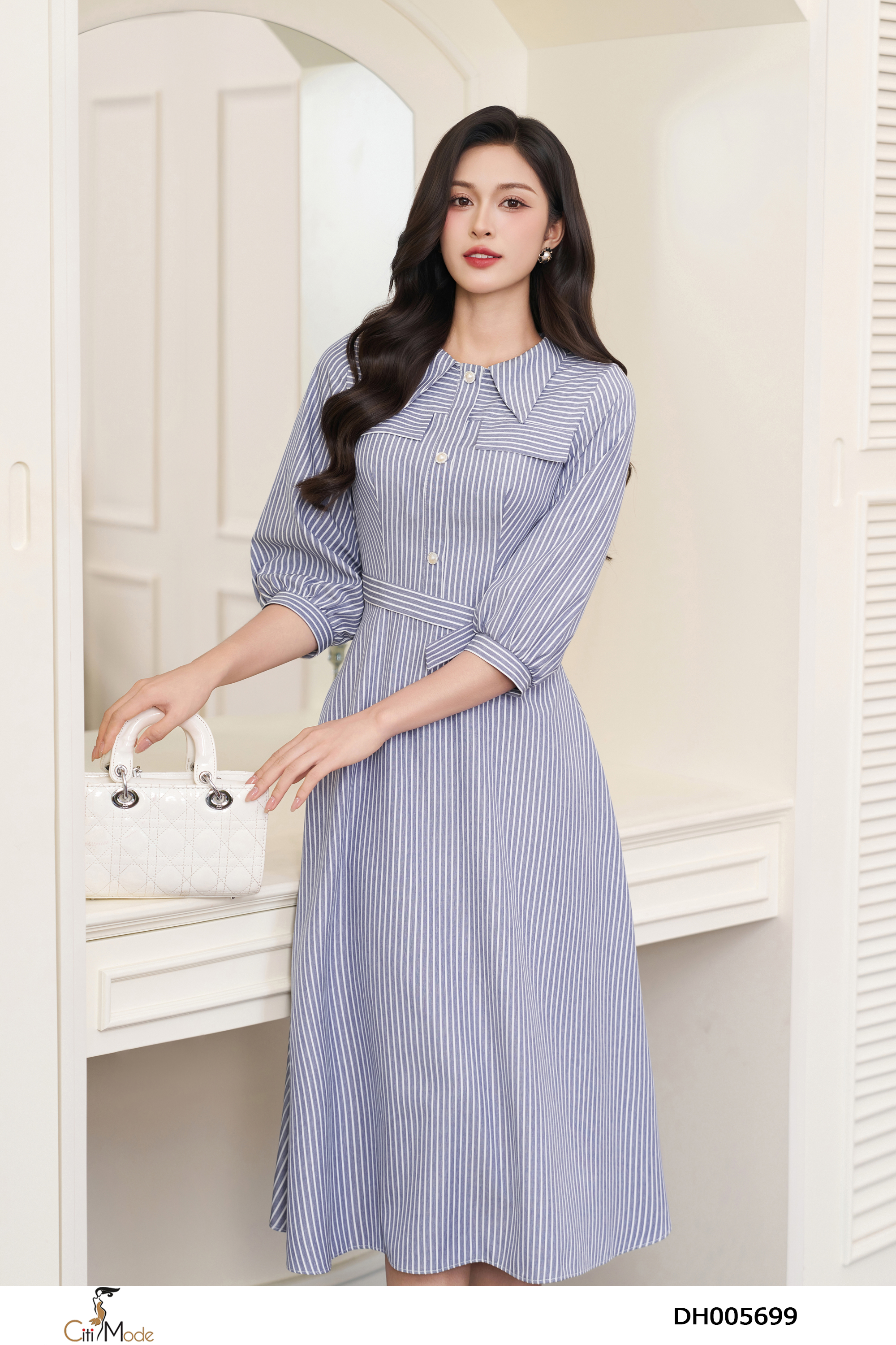 Đầm xòe kẻ xanh tay lỡ cổ đức đai eo_thumbnail_2