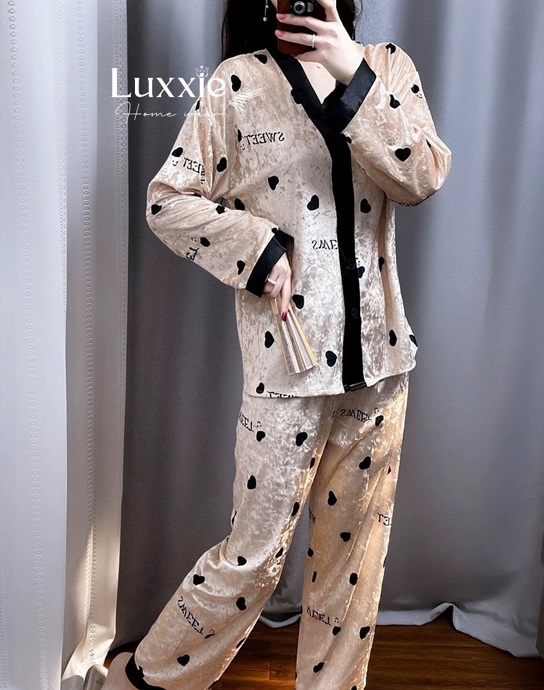 NHUNG04 Bộ ngủ nhung vàng họa tiết trái tim kiểu dáng kimono_thumbnail_5