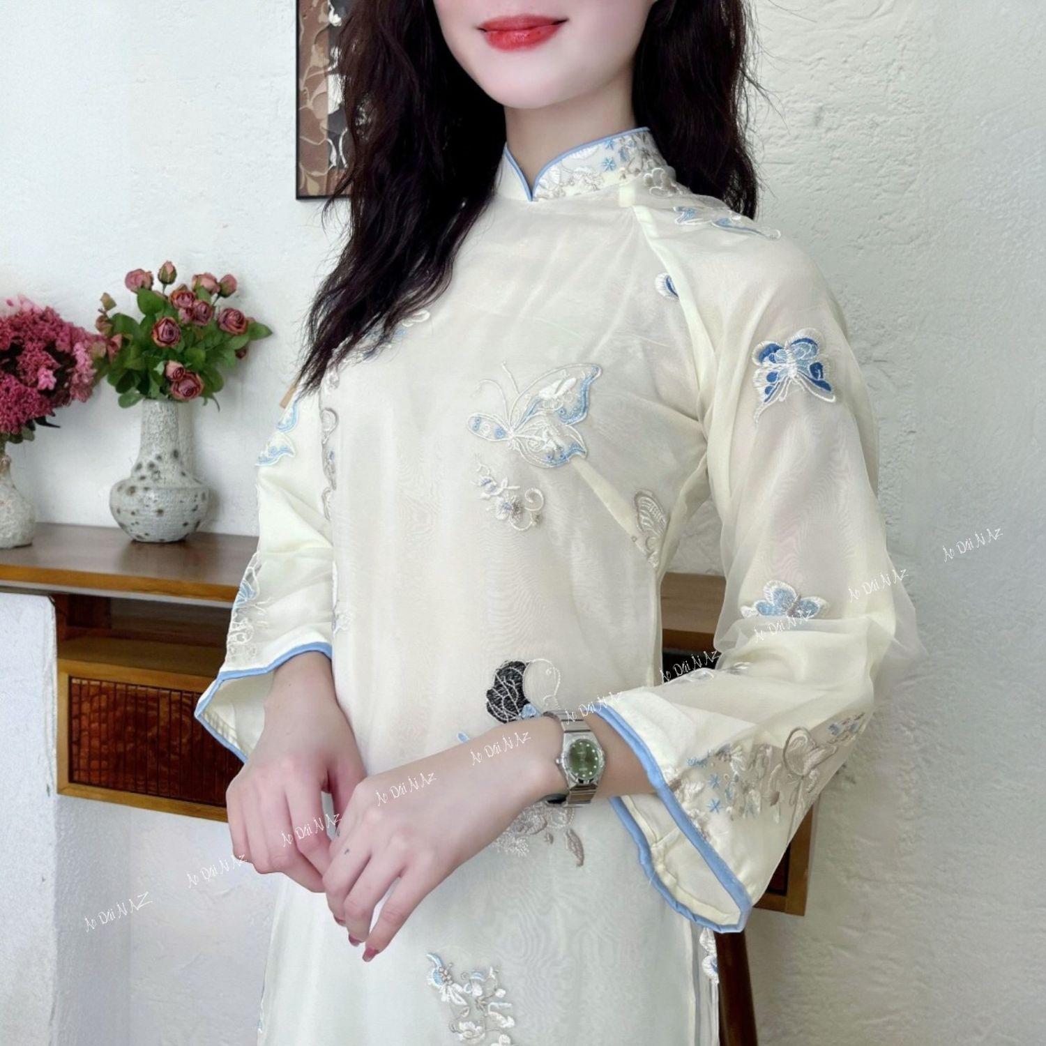 Áo Dài Cách Tân Nữ Dáng Suông Voan Thêu Hồ Điệp Mặc Tết Dự Tiệc 4 Tà Tay Dài KH20_thumbnail_3