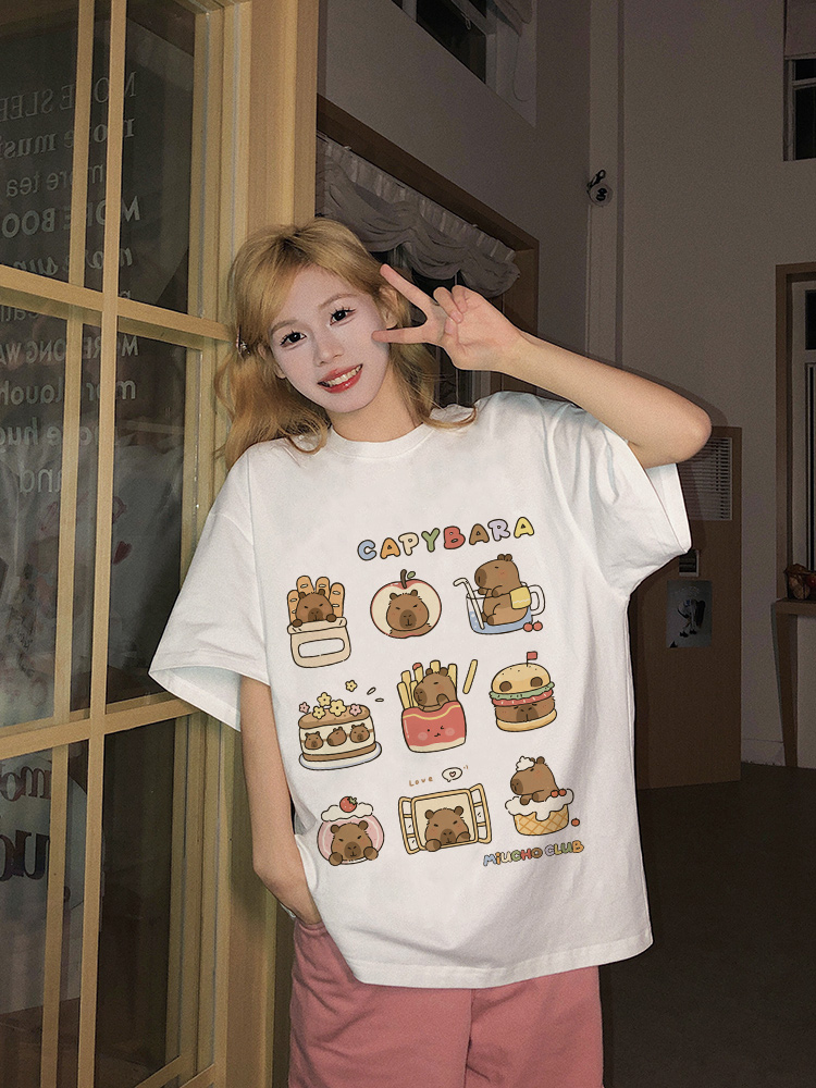 Áo thun chuột Capybara form rộng local brand ATD1224 Miucho tay ngắn vải cotton thoáng mát cổ tòn in mix_thumbnail_4