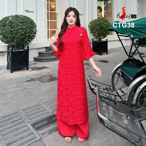 CTG38 Áo dài cách tân Gấm hoa Viên màu đỏ cổ cao 2cm tay_thumbnail_2