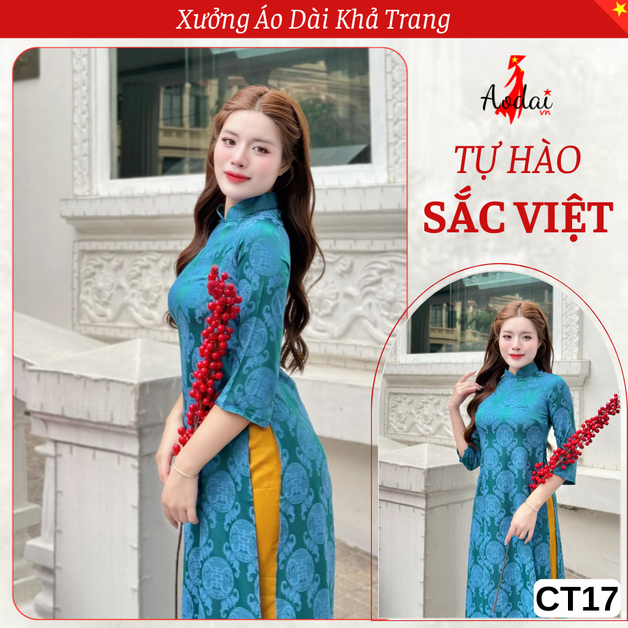 CT17 Áo Dài Cách Tân Gấm Dáng Suông Thọ Rơi màu Xanh Cổ Vịt