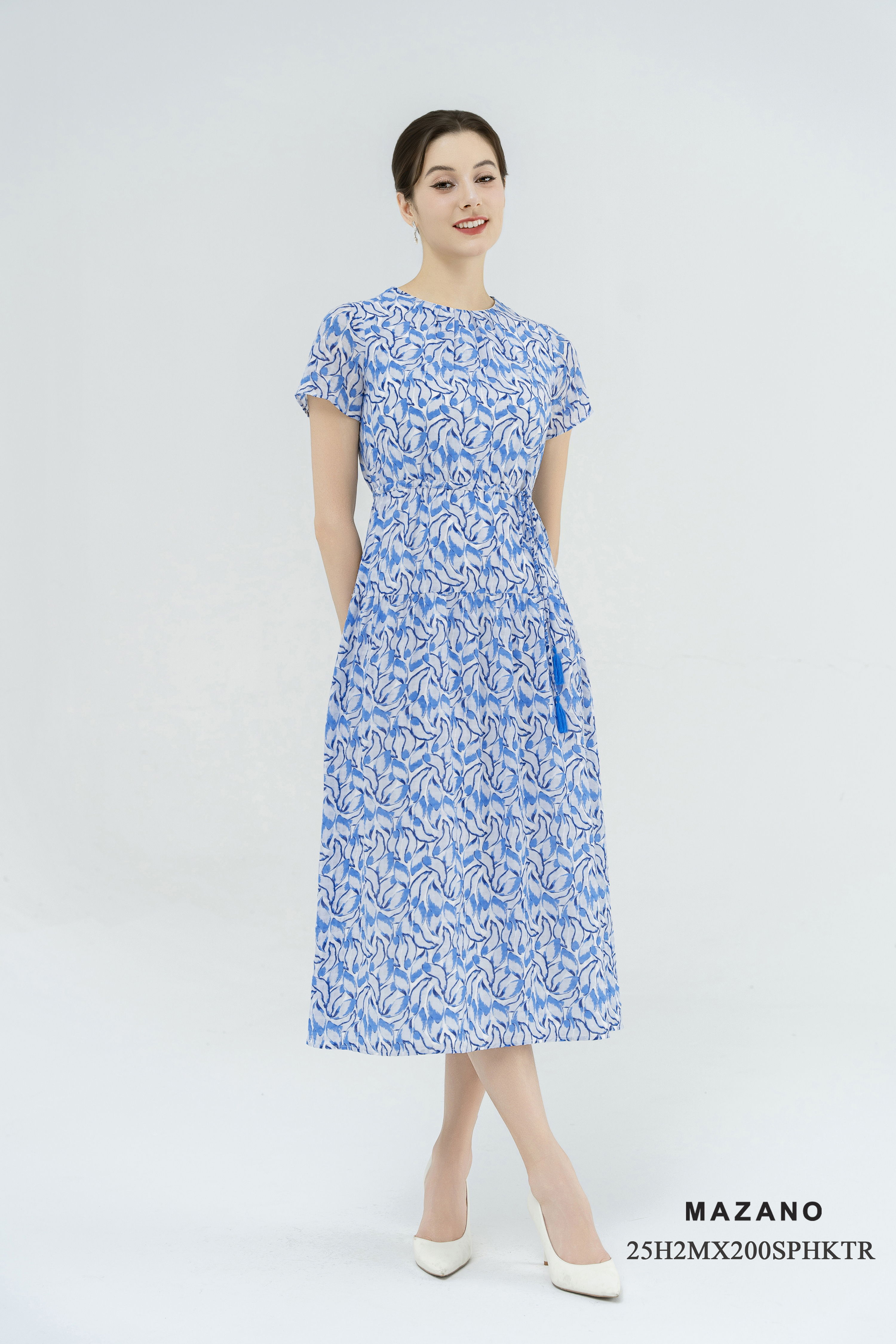 Váy maxi Vải thô mềm Họa tiết cách điệu Cổ tròn tay ngắn Dài đến mắt cá chân_thumbnail_1