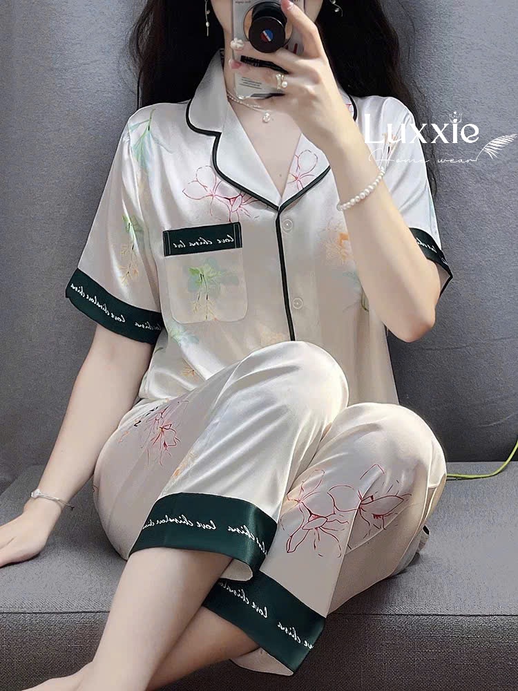 N99B Pijama lụa hoa viền xanh lá cộc tay