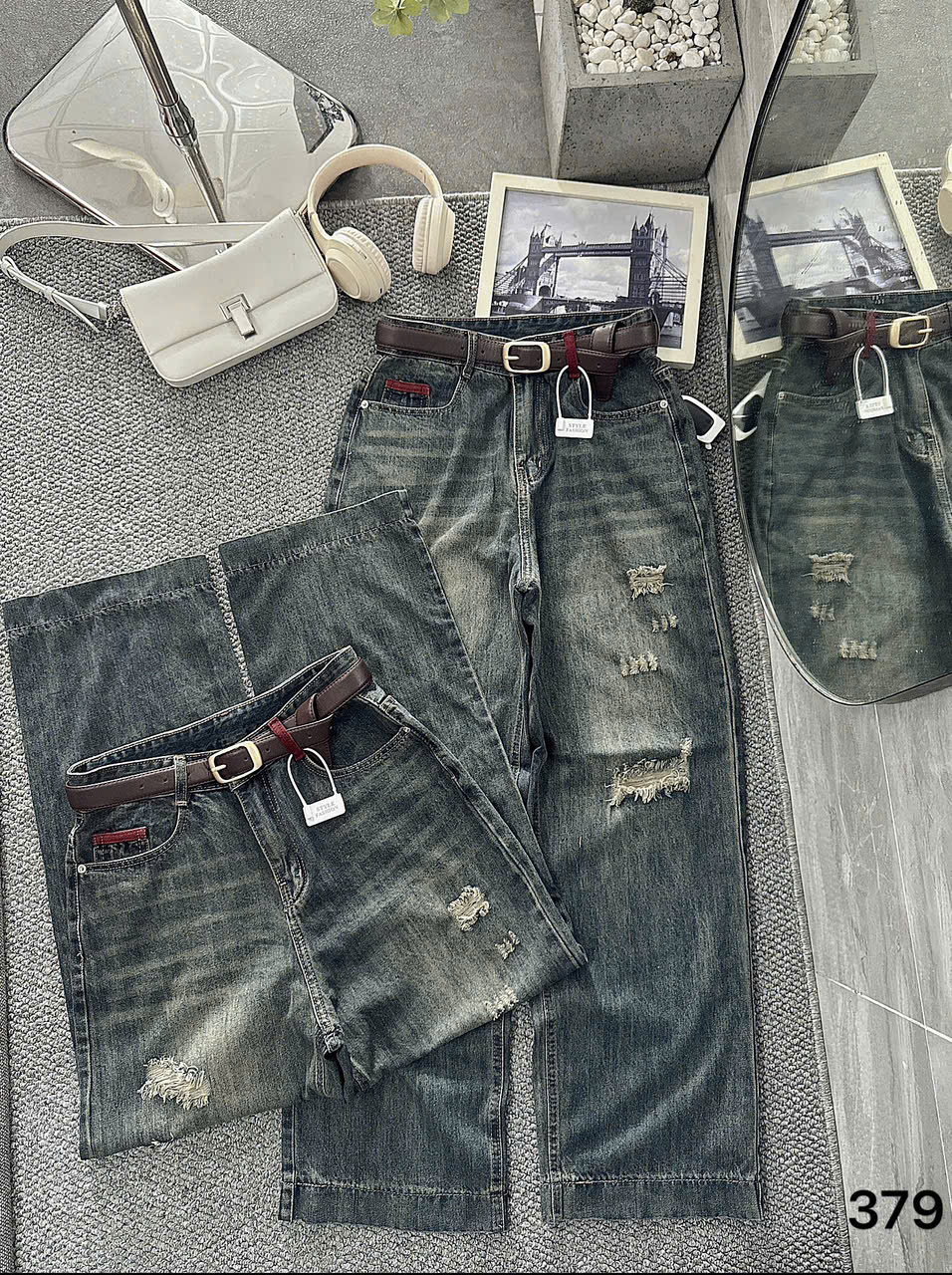 Quần jean suông rách đai kiểu bigsize QJ379 dành cho nàng béo mập từ 55-90kg