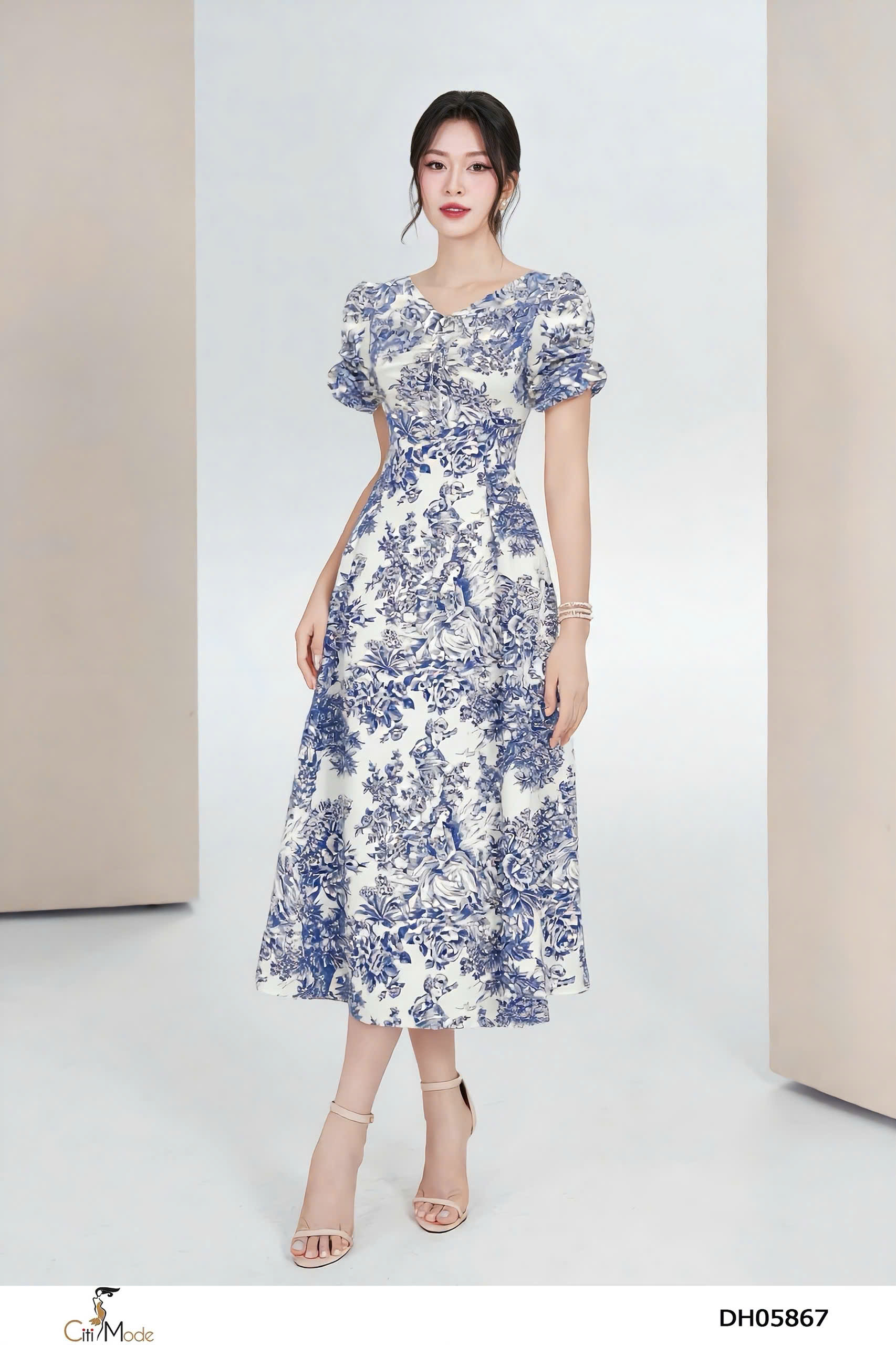 Đầm xòe họa tiết cô gái cổ V tay cách điệu_thumbnail_2