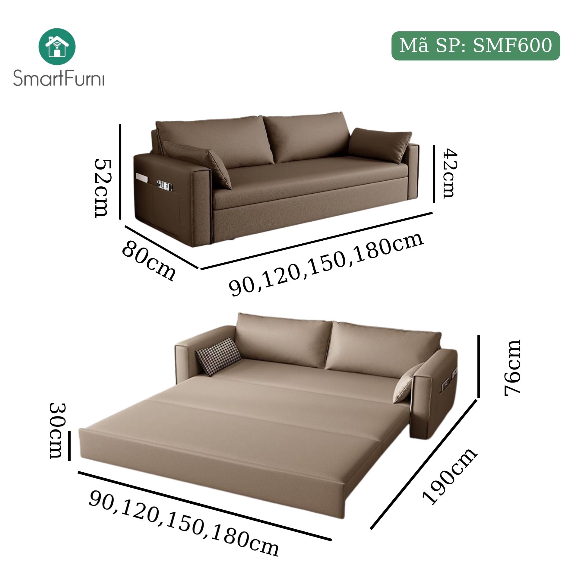Giường Sofa đa năng SmartFurni SMF600 - Da PU cao cấp - Nhiều Size, Xám đậm_thumbnail_14