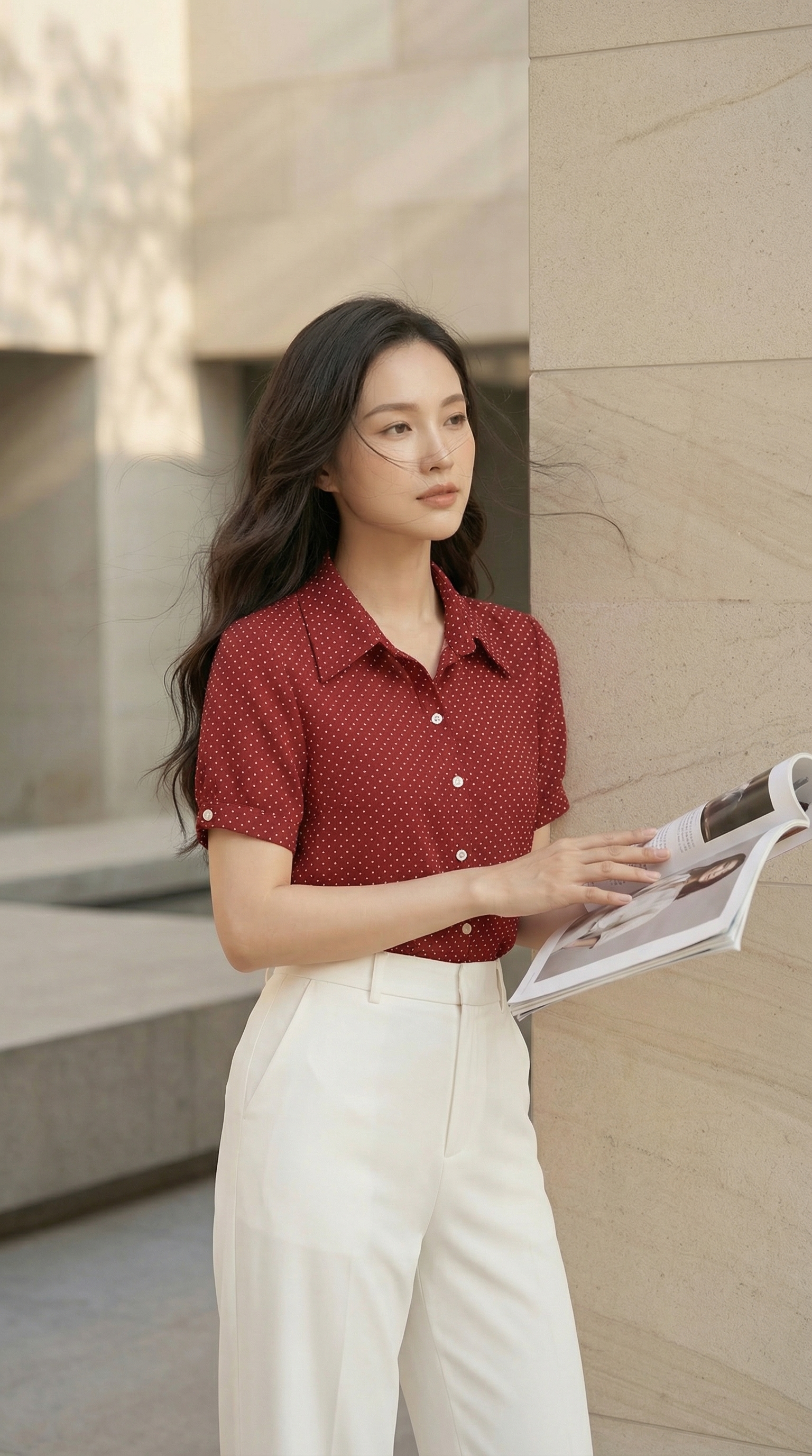 Áo sơ mi công sở TRALI 25106 chấm bi đỏ