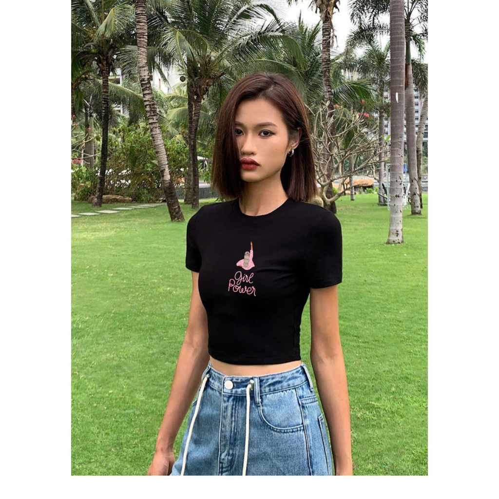 [Form Ôm] Áo croptop nữ 2 màu trắng/đen Girl power - Áo thun LOZA dáng croptop ôm - CR7891_thumbnail_0