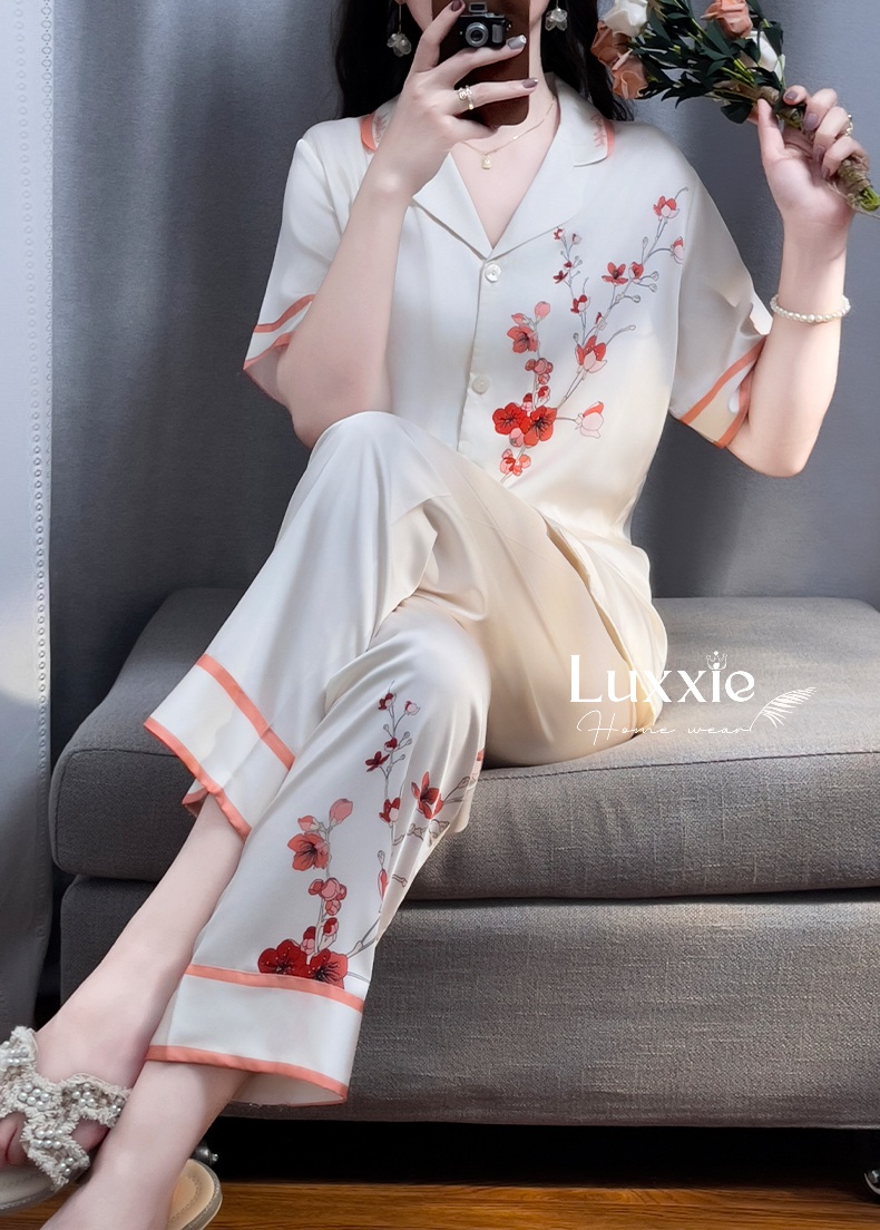 N74B Pijama lụa hoa đào đỏ cộc tay