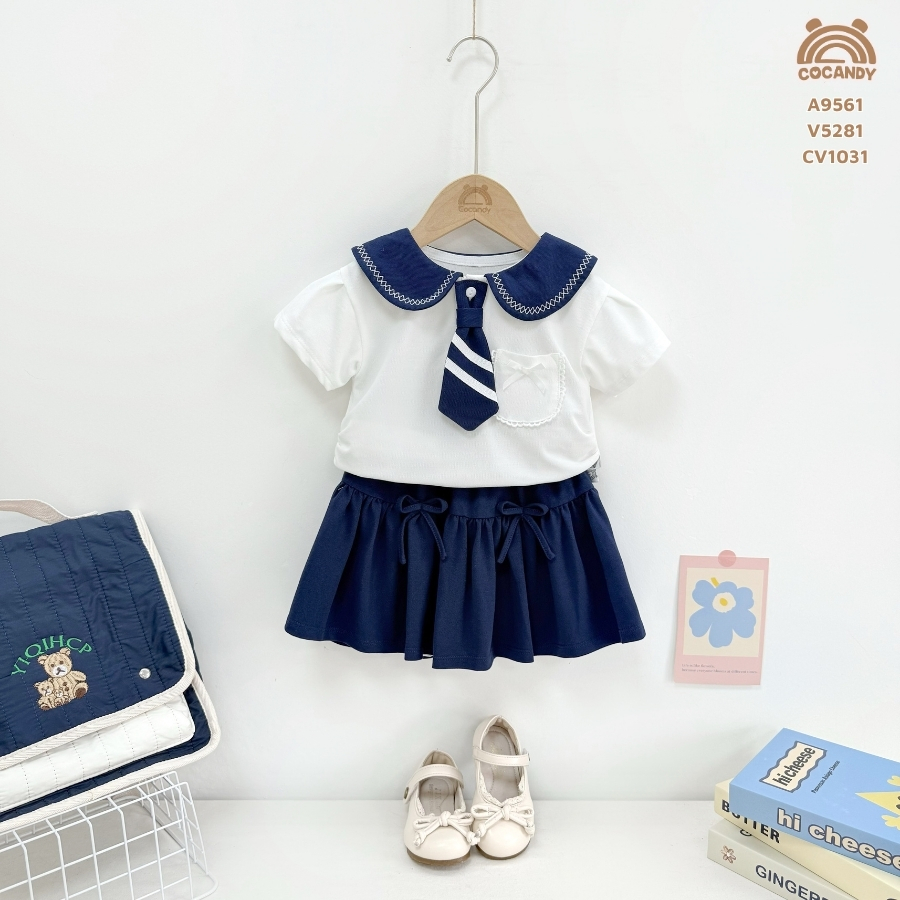 Áo cộc TRẮNG cổ sen xanh than phối nơ