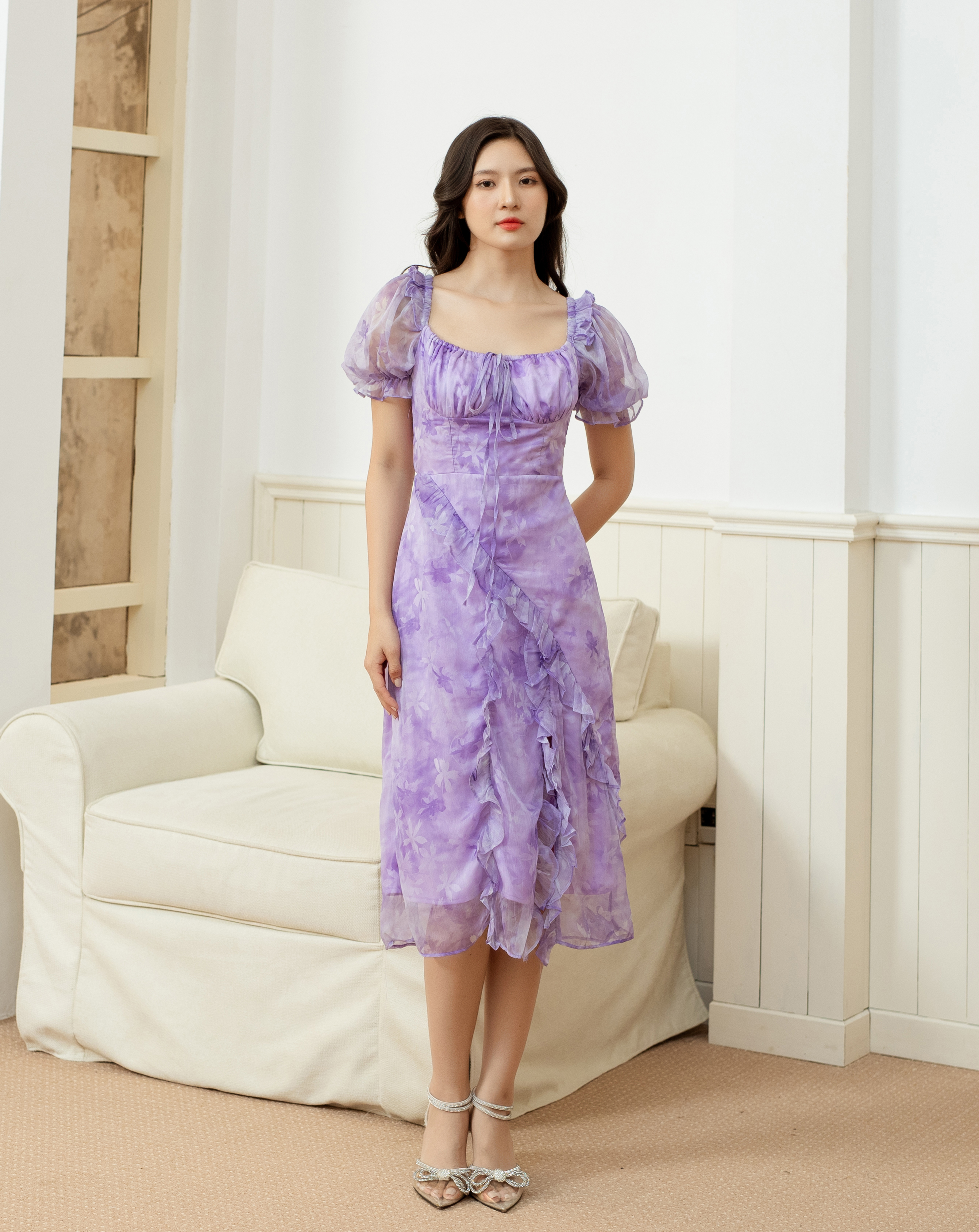 Đầm maxi hoa cổ U nhún ngực tay con_thumbnail_2