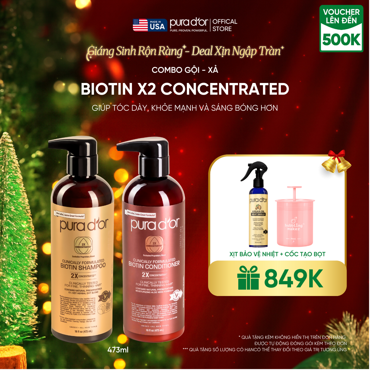 Combo Gội - Xả Pura D'or Biotin X2 Concentrated Giúp Tóc Dày, Khỏe Mạnh và Sáng Bóng Hơn 473ml