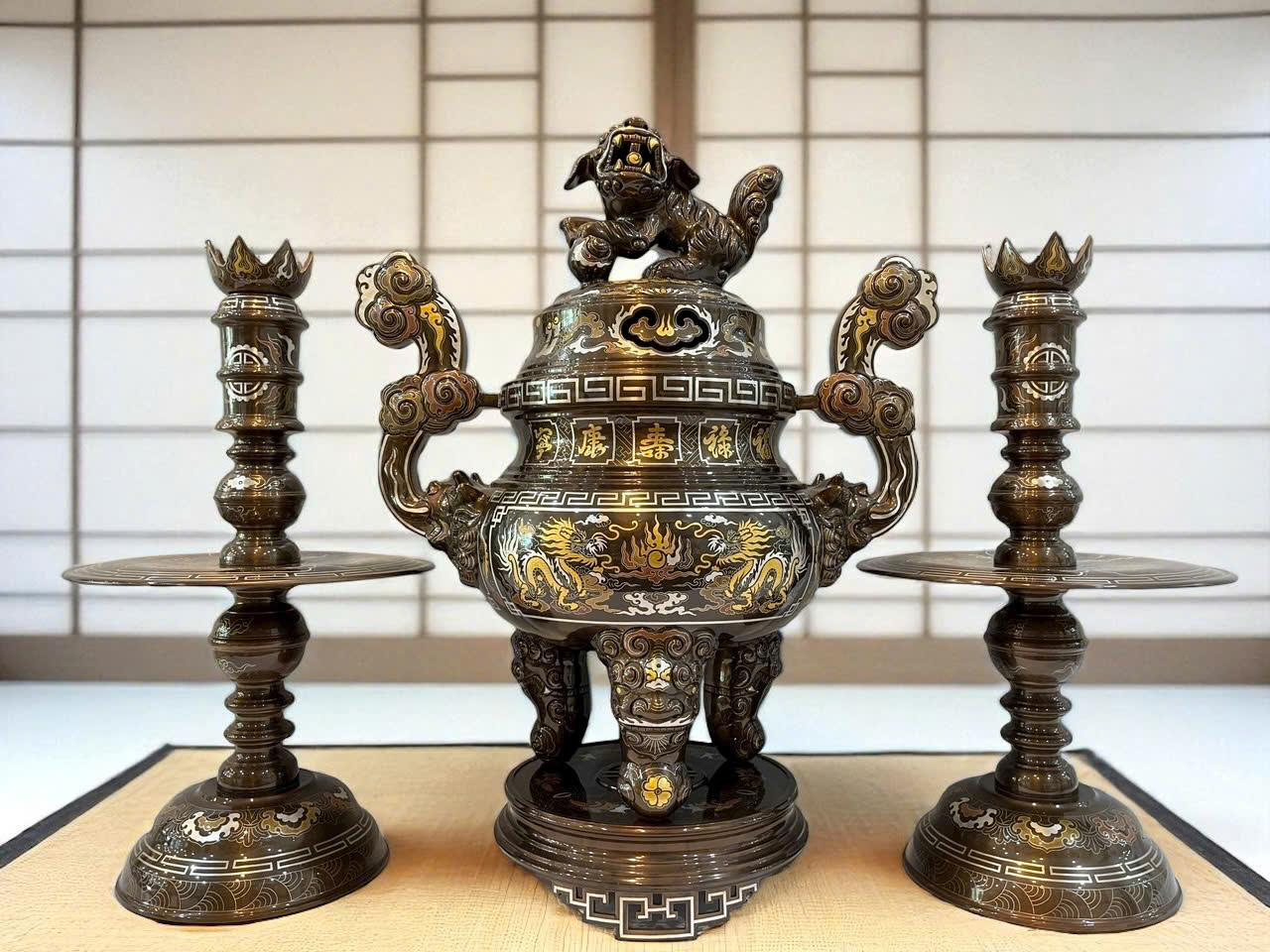 Bộ đồ thờ ngũ sự cao 70cm khảm ngũ sắc kỹ đúc đồng đỏ _thumbnail_1