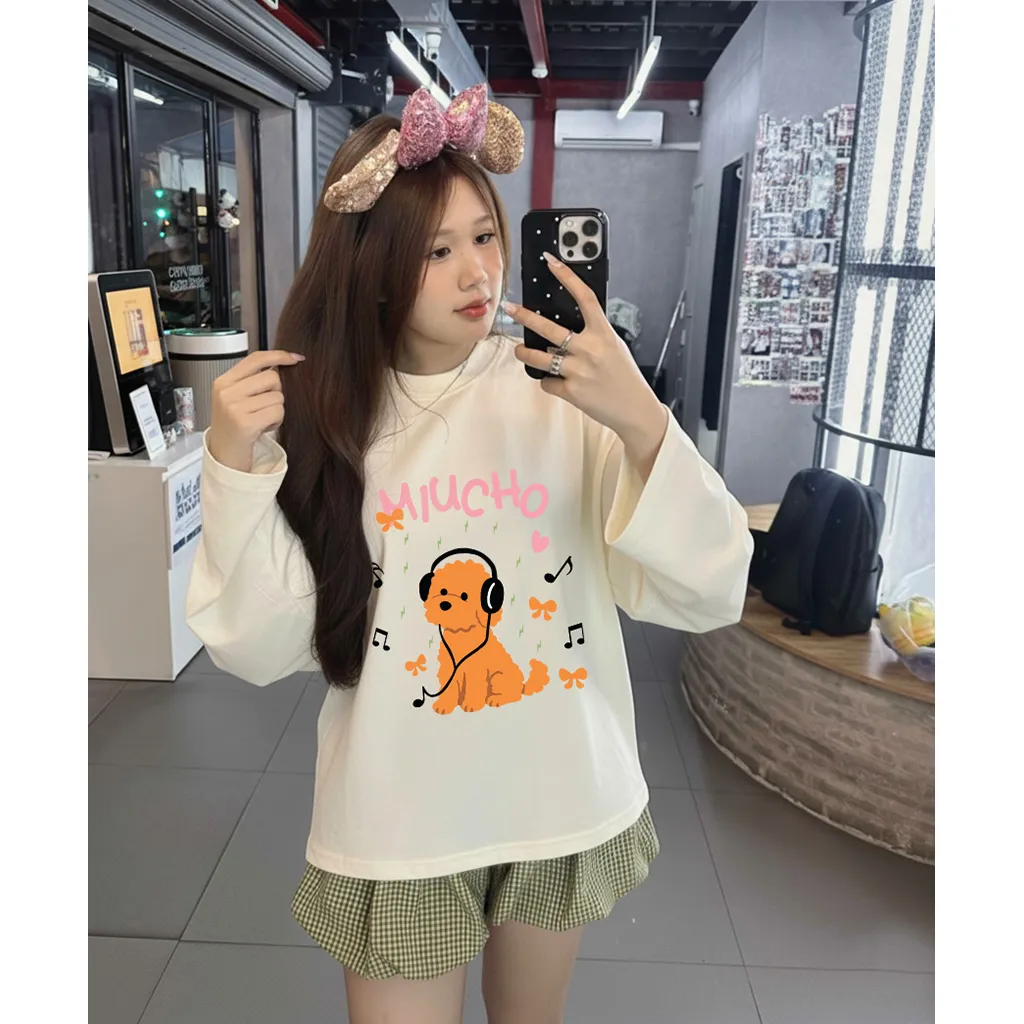Áo thun tay dài form boxy Miucho chất vải dày dặn thoáng mát cún music in mix 2833_thumbnail_2