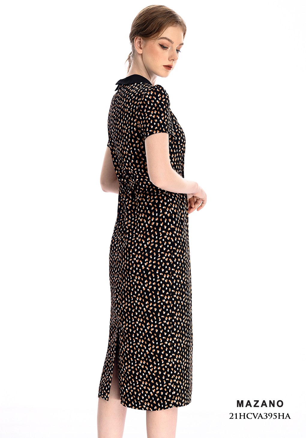 Đầm ôm A họa tiết chấm bi nâu vàng cổ cánh bướm_thumbnail_1