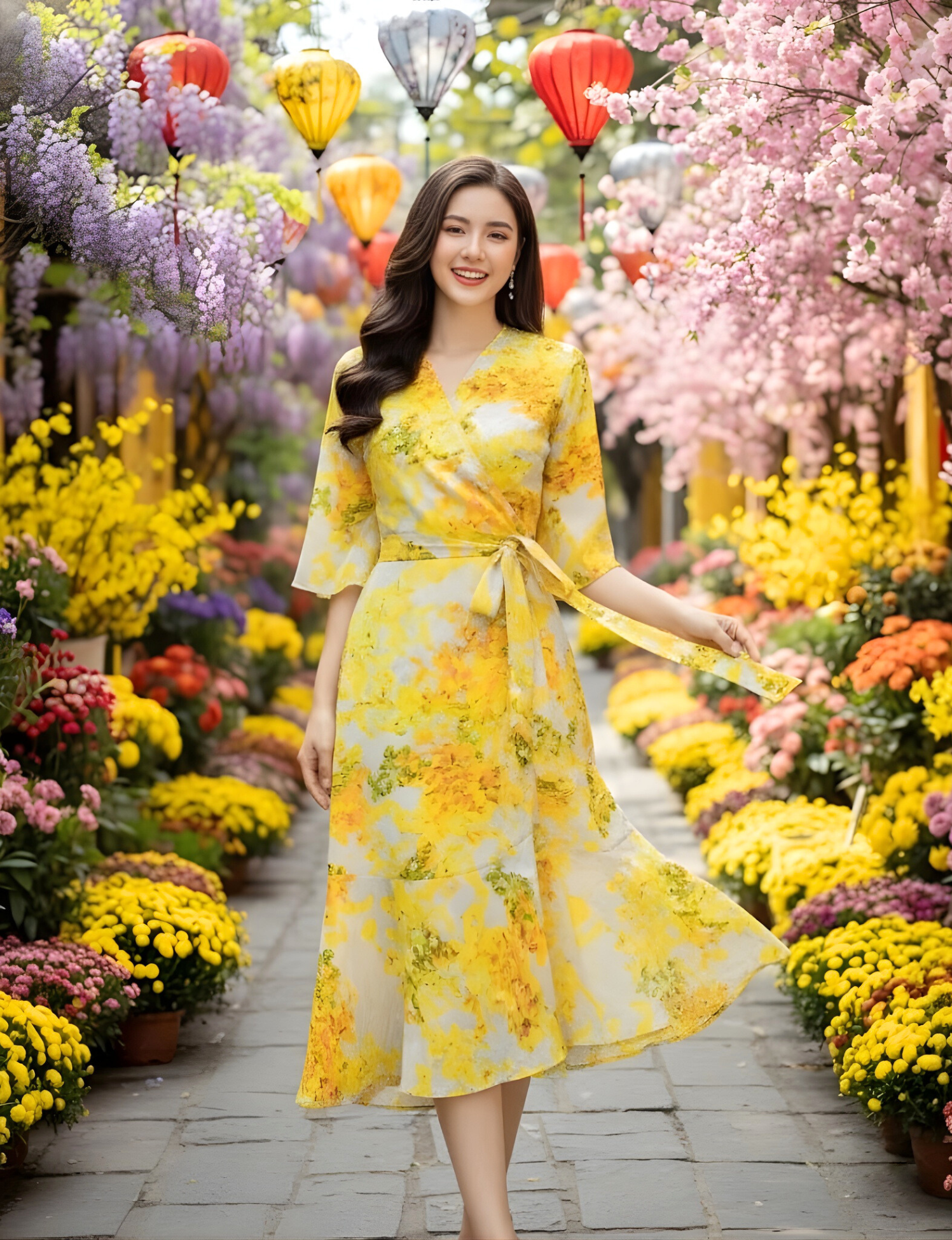 Đầm họa tiết cổ V đuôi cá kiểu đắp chéo cột eo