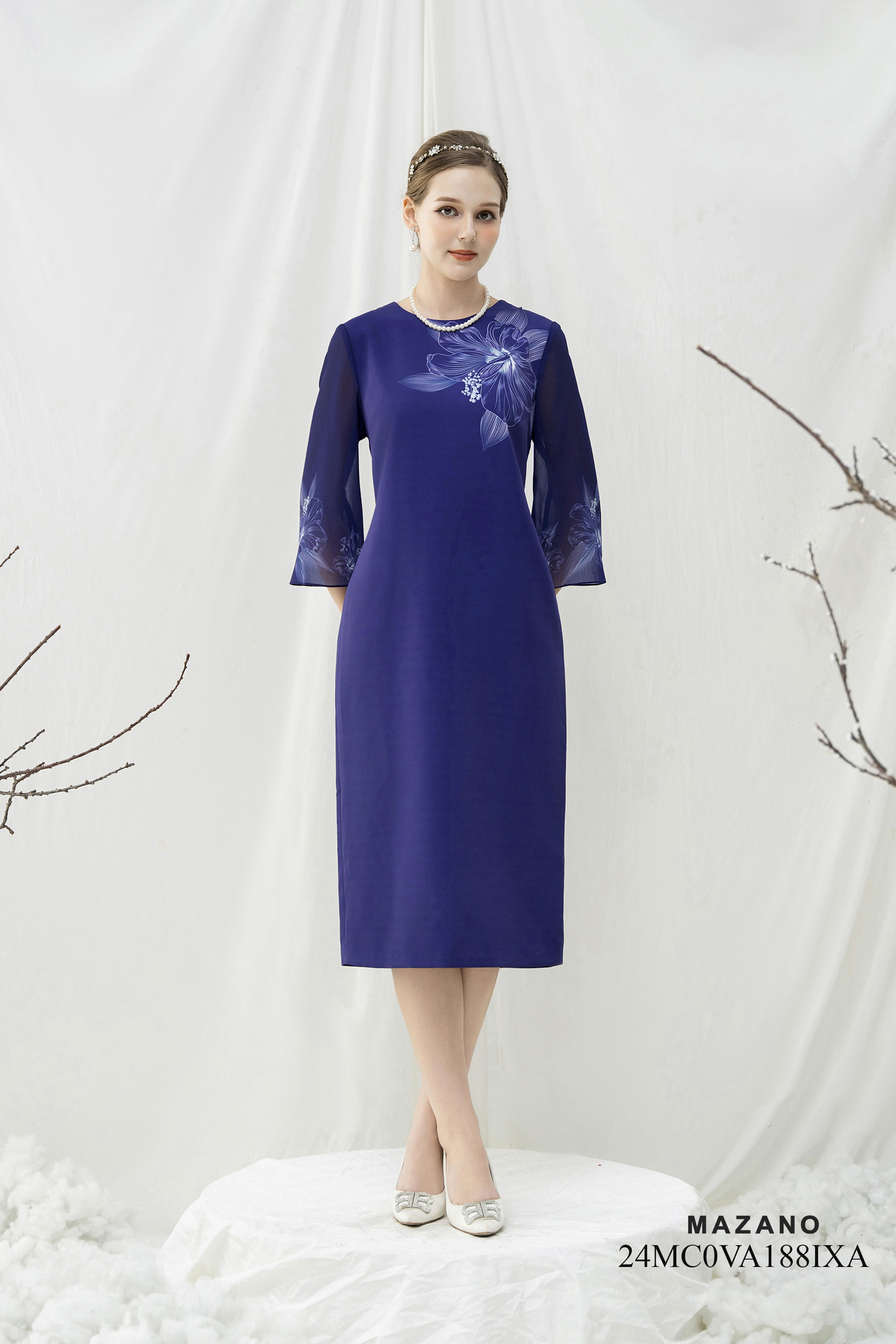 Váy Đầm Suông Vải thô phối Voan Hoạ tiết hoa bố cục  Cổ tròn Tay lỡ Dài đến bắp chân