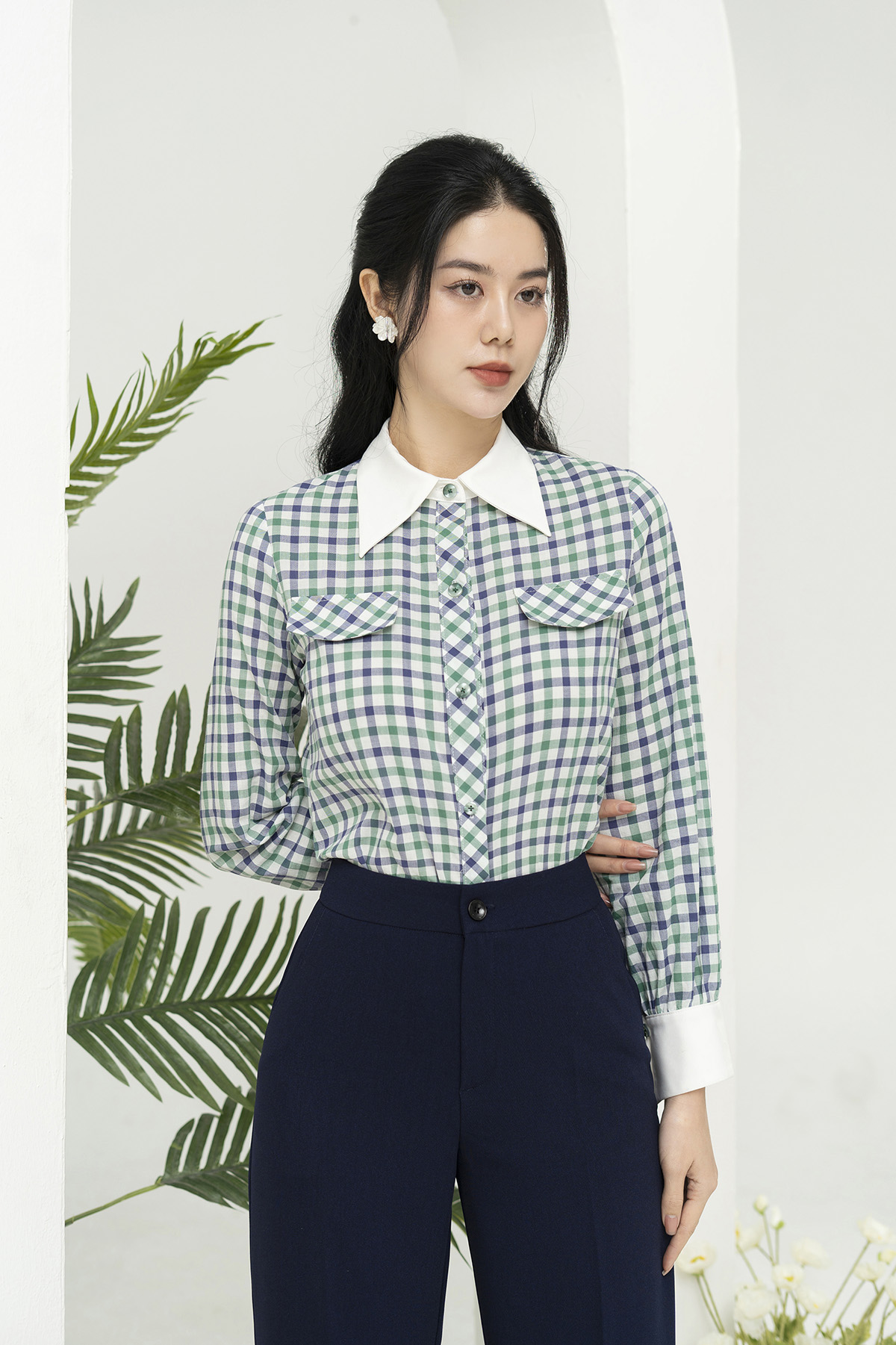 Áo sơ mi nữ công sở kẻ caro xanh phối cổ trắng A3008