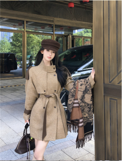 Áo Măng Tô Dạ Dáng Ngắn Thắt Eo Thanh Lịch