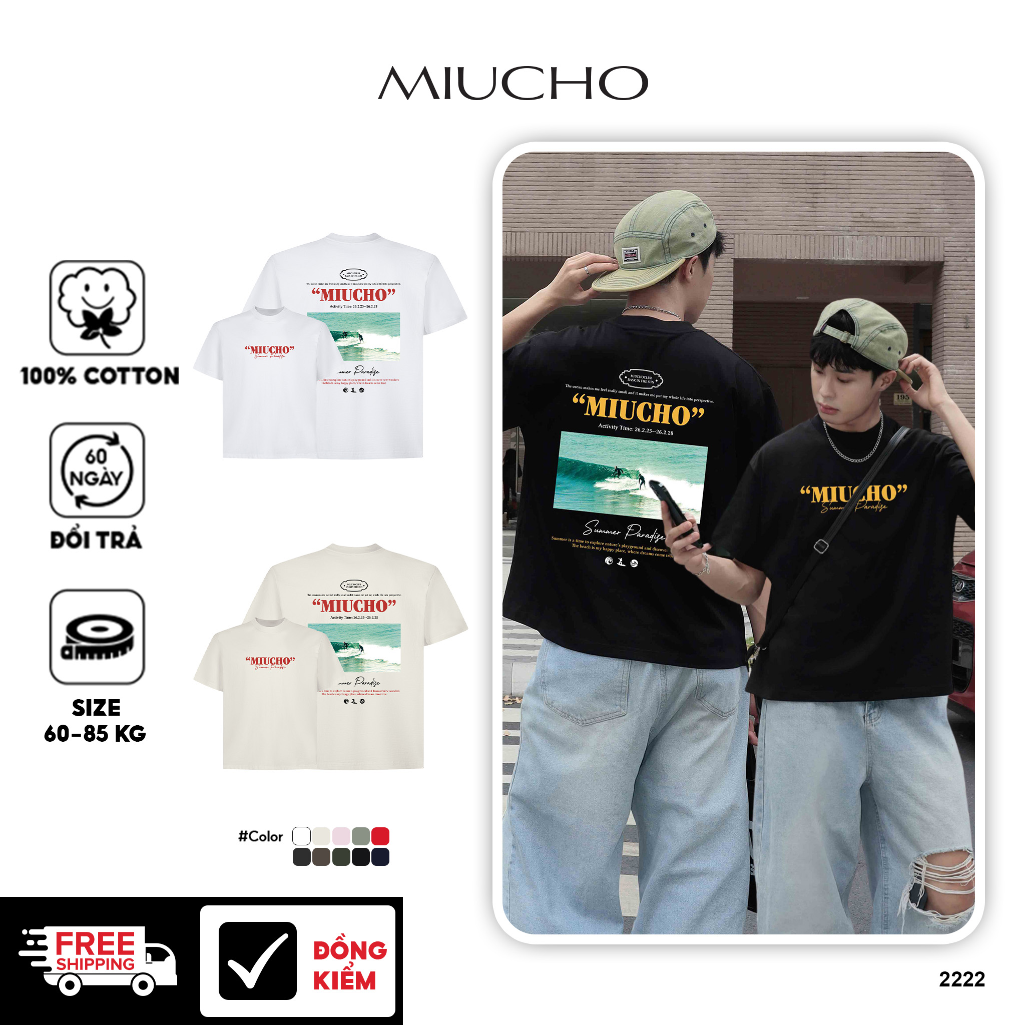 Áo phông form boxy hè biển 2222 Miucho Club vải cotton 2 chiều cổ tròn đứng form in mix