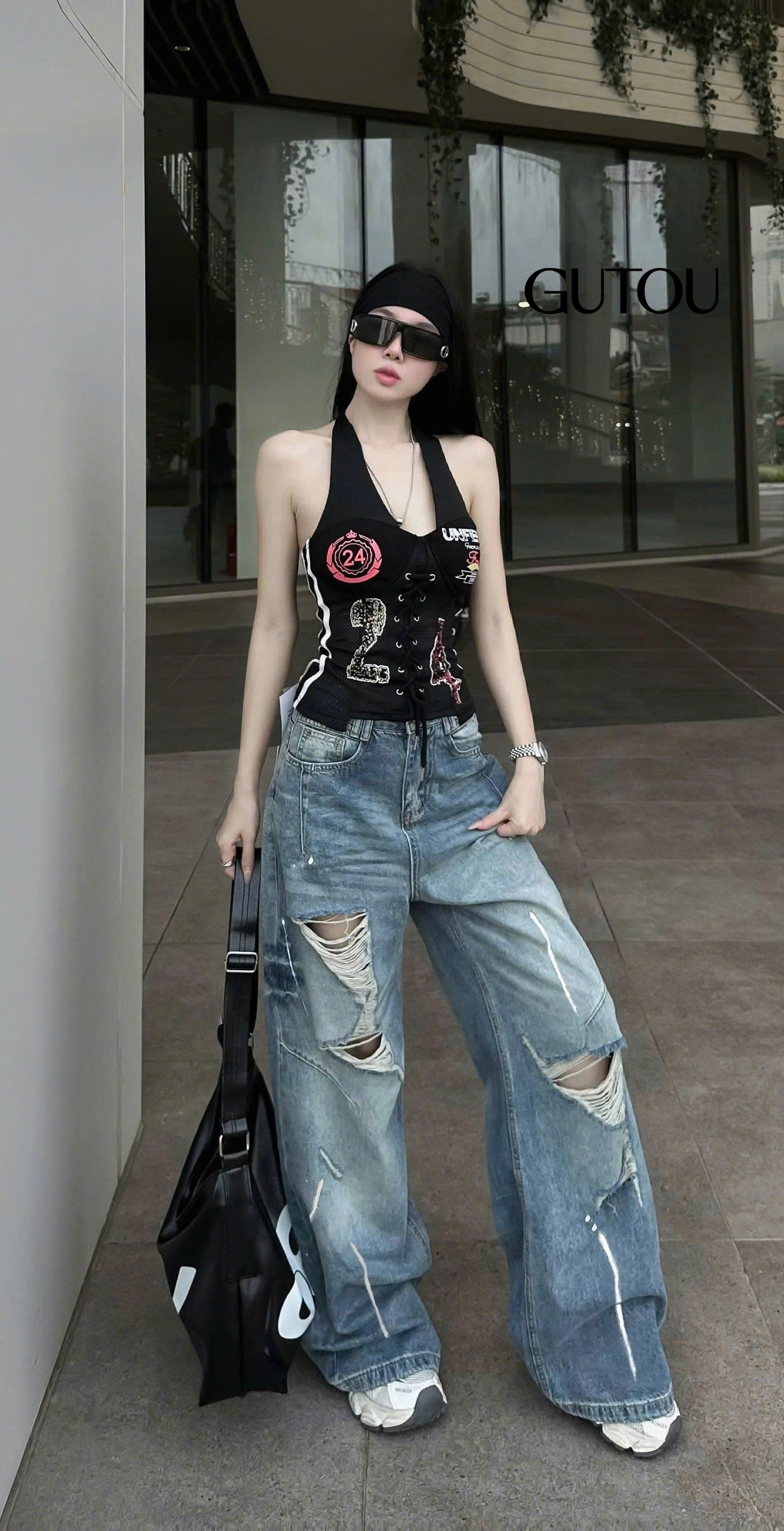 [ GUTOU ] Quần Jean Suông Rách Gối Vẩy Sơn