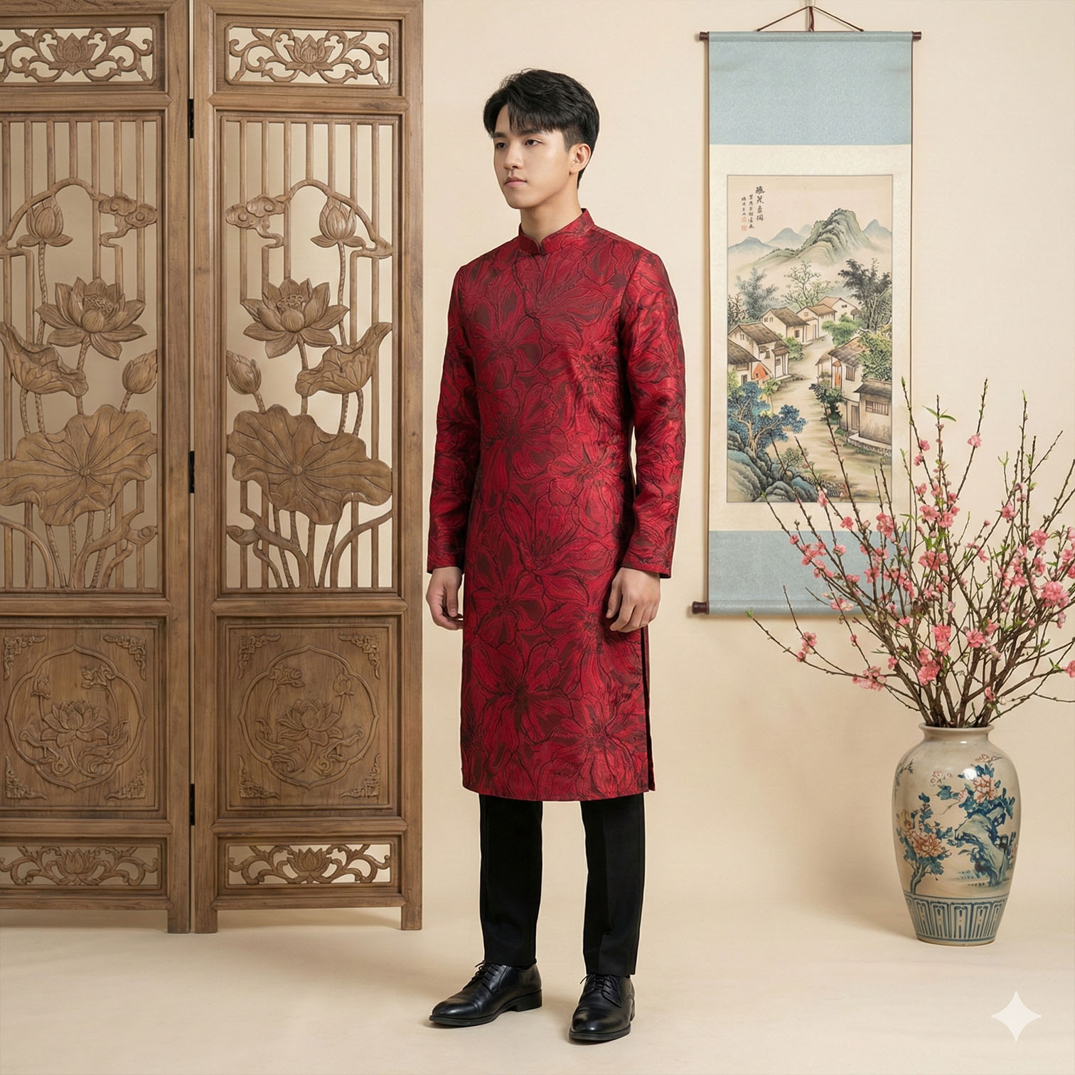 Áo Dài Nam Cách Tân Gấm Vân Big Size Form Rộng – N25-02