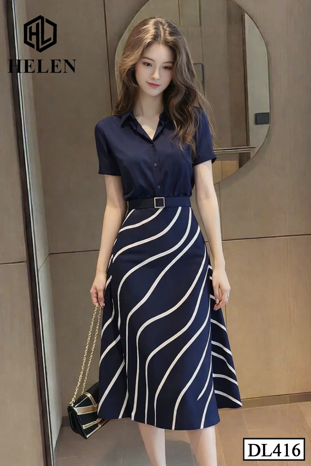 Đầm liền thân xòe xanh cổ đức phối chân họa tiết DL416_thumbnail_3