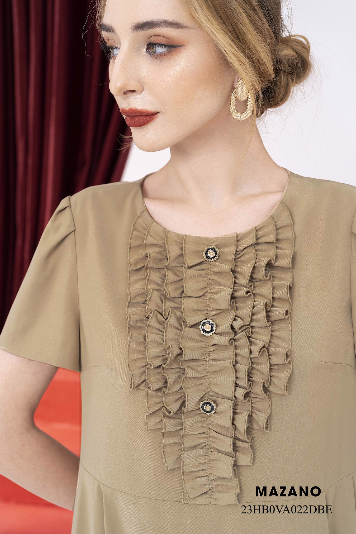 Váy Đầm Suông Vải thô mỏng Cổ tròn trang trí bèo cổ Tay ngắn Dài qua gối_thumbnail_3