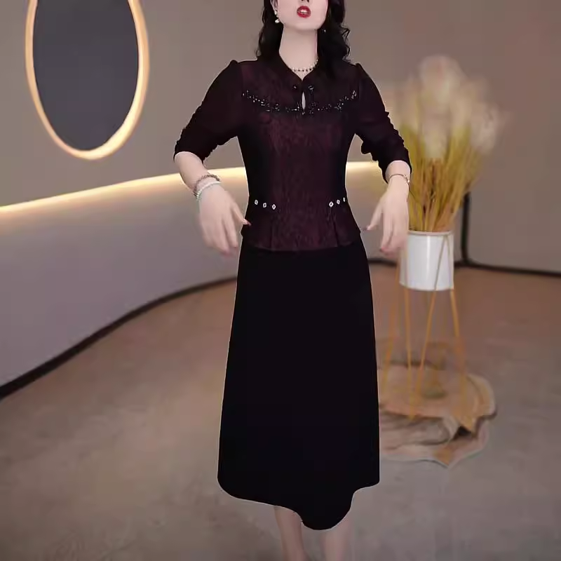 15220-Đầm A dáng peplum phối 2 màu đỏ đen  cổ kết nút tàu ( lụa vân gấm, chéo nhật)_thumbnail_0