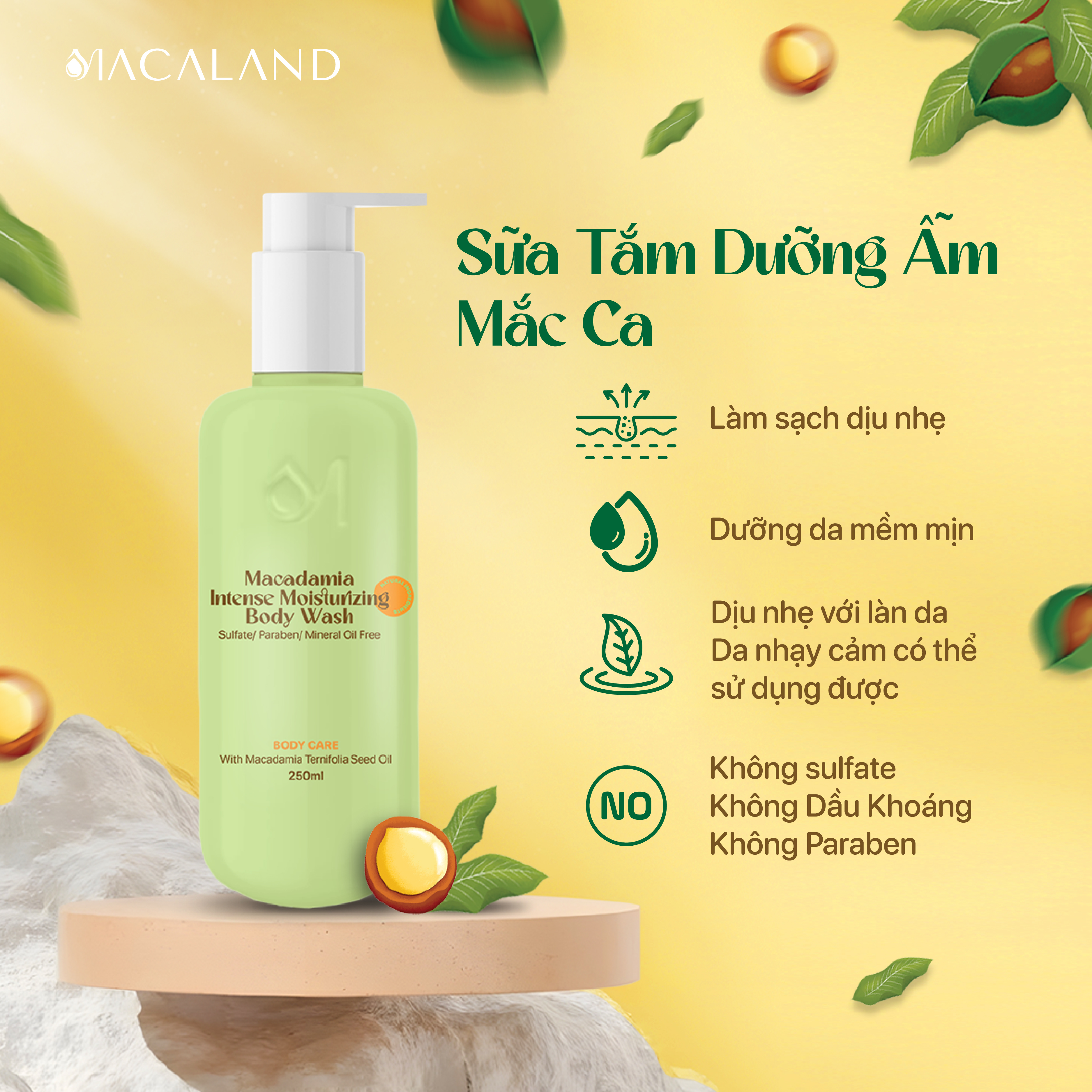 Sữa Tắm Dưỡng Ẩm Mắc Ca MACALAND 250ml Không Sulfate, Cấp Ẩm, Dưỡng Da Sáng Mịn