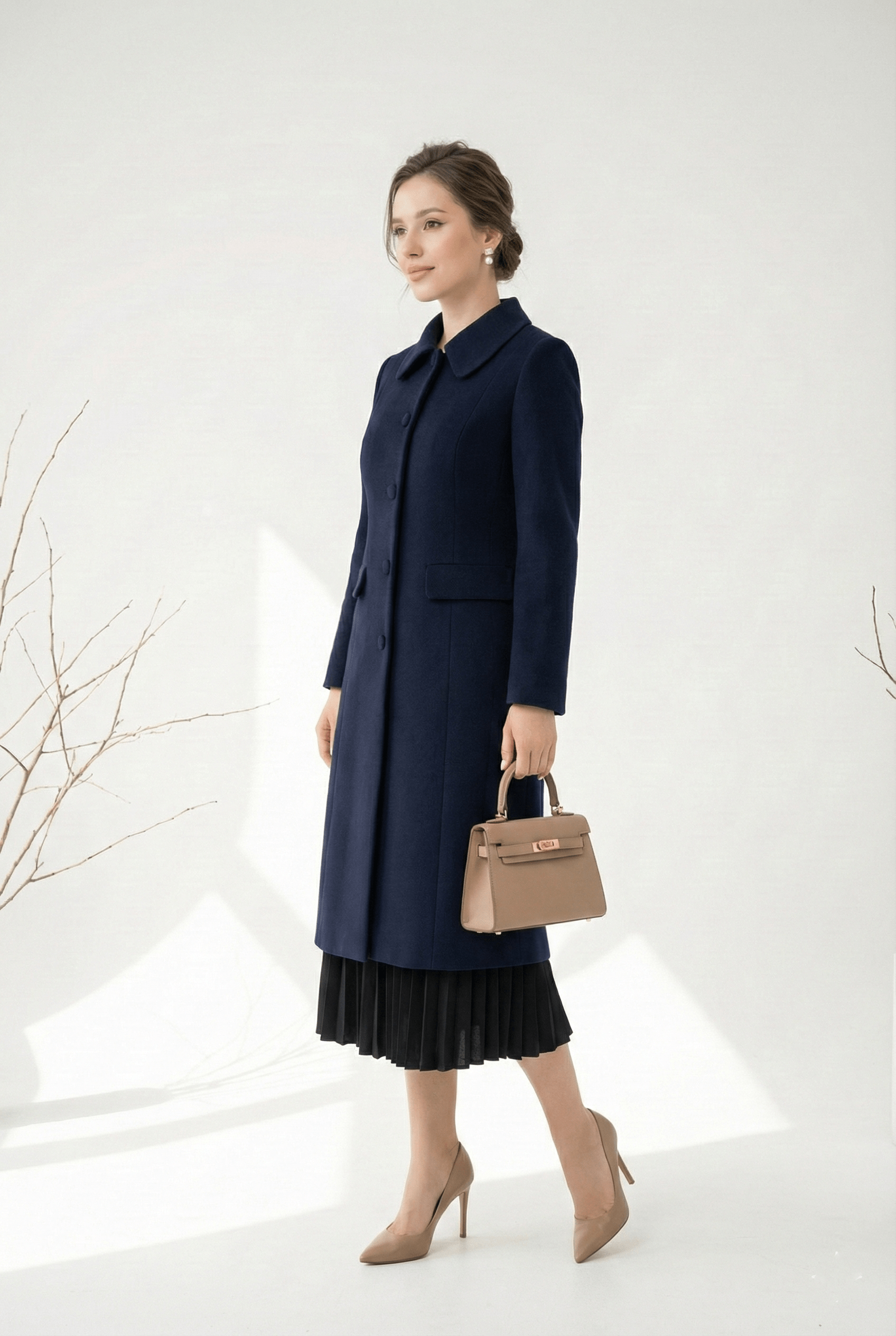 Áo măng tô Suông Vải dạ lông cừu Cổ bẻ Cài khuy Dài đến bắp chân