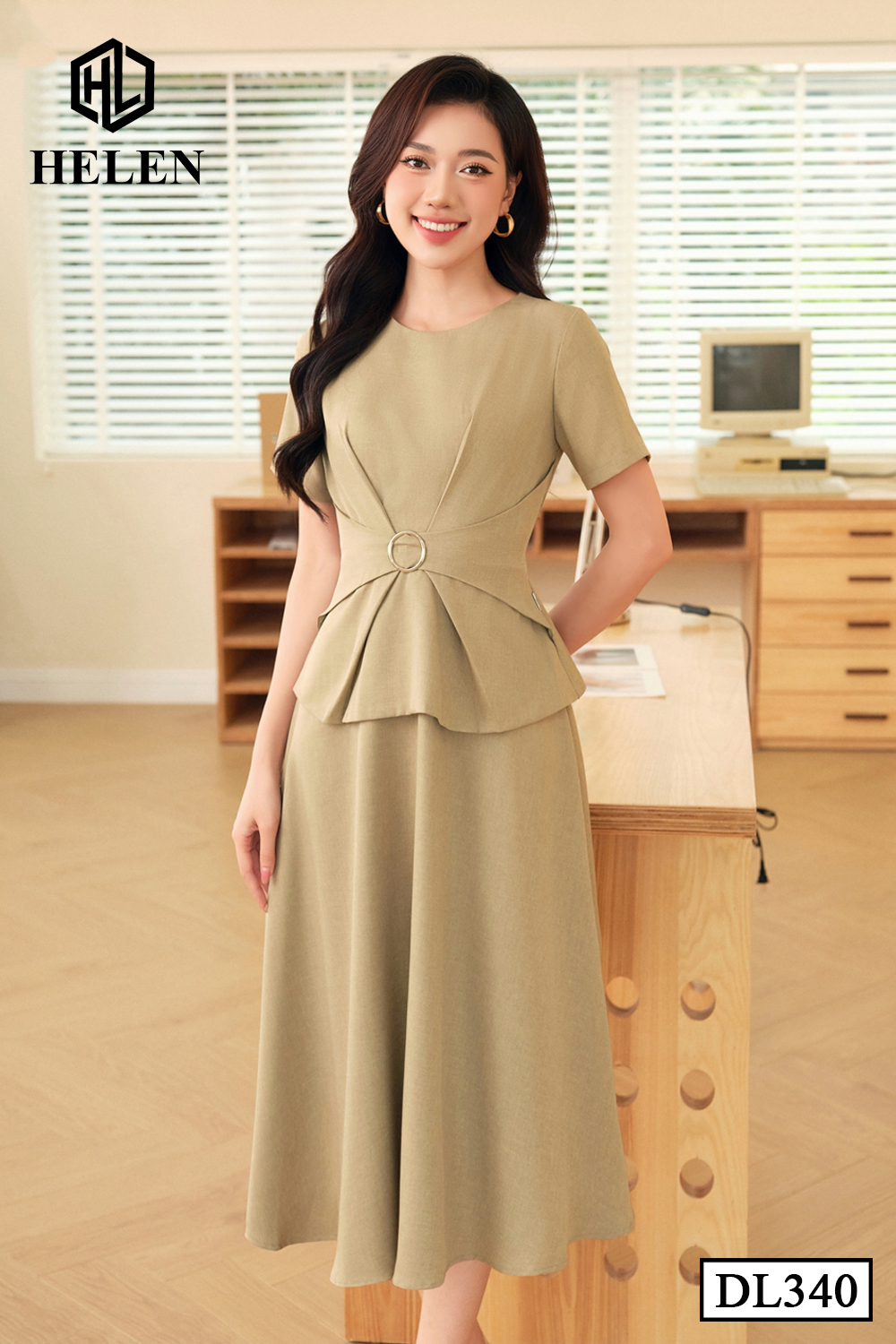 Đầm xòe xanh rêu đai eo DL340