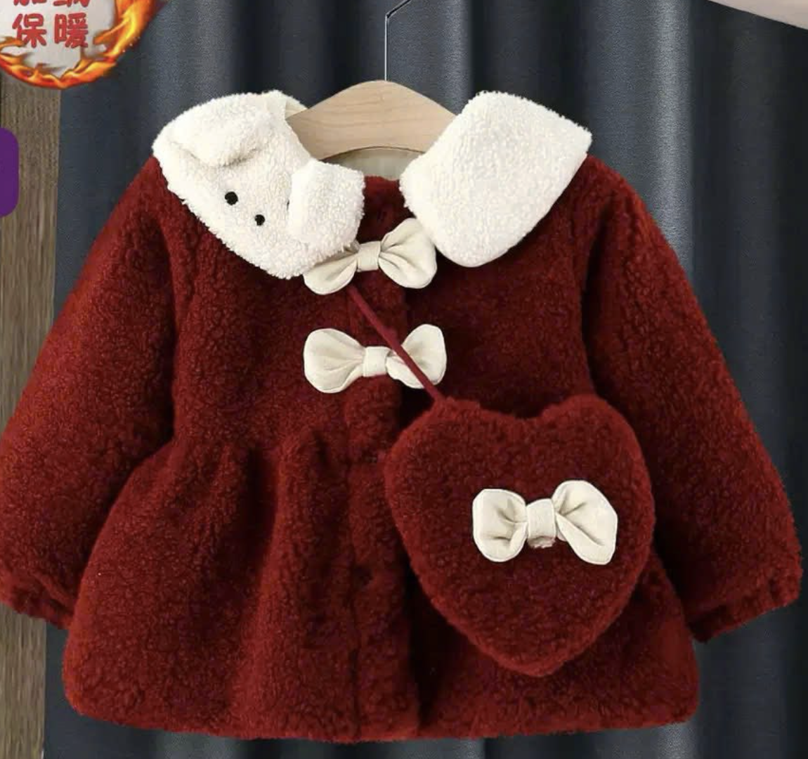 (C19) Áo khoác lông cừu đỏ cổ bông kèm túi tim