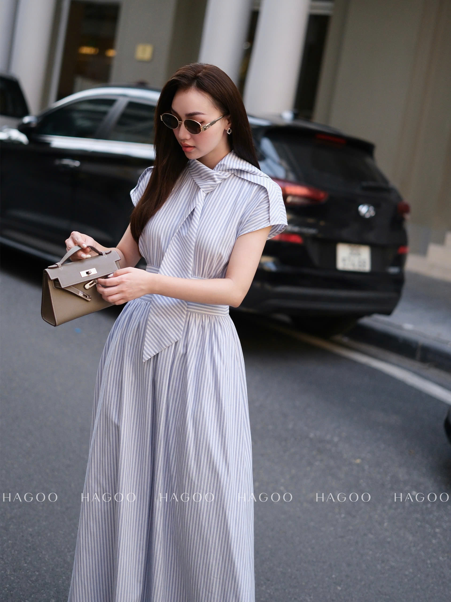 Váy kẻ sọc dây nơ HAGOO_thumbnail_3