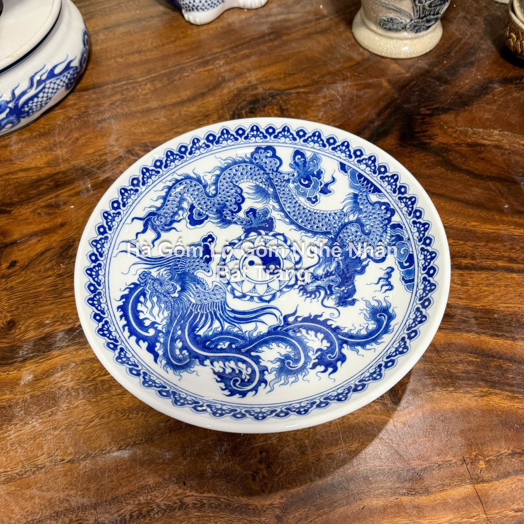 Mâm Bồng, Đĩa Đựng Trầu Cau Đồ Thờ Cúng nhiều cỡ Men Trắng họa tiết Sen, Rồng Bát Tràng - MEN TRẮNG