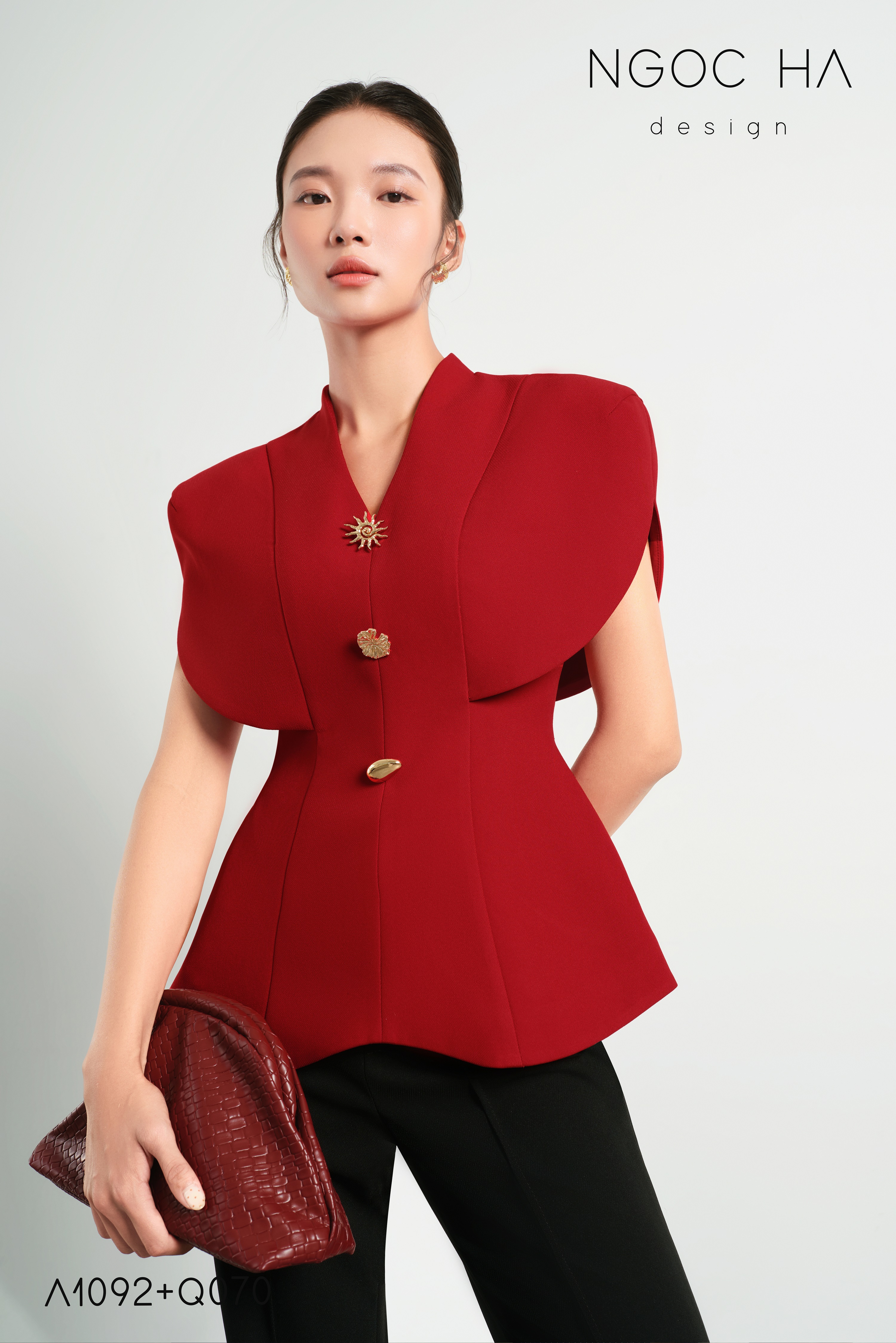 Estra Top_ Áo Peplum Vai Choàng Màu Đỏ A1092