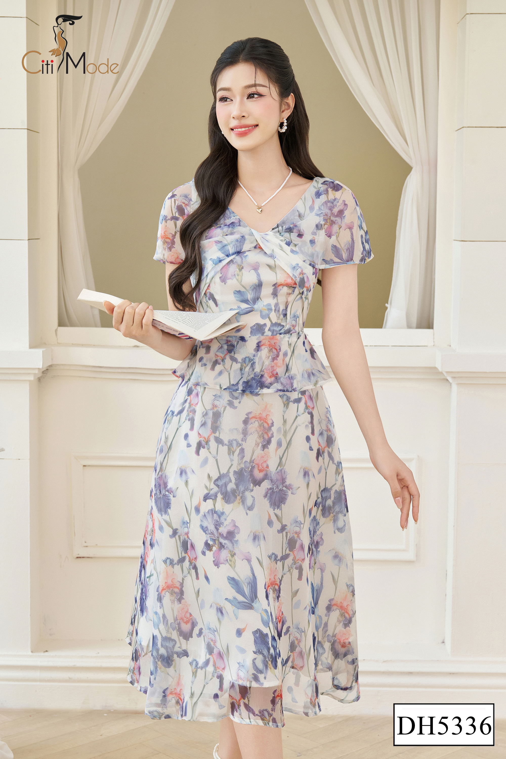 Đầm xoè peplum hoa tím cổ xoắn_thumbnail_1